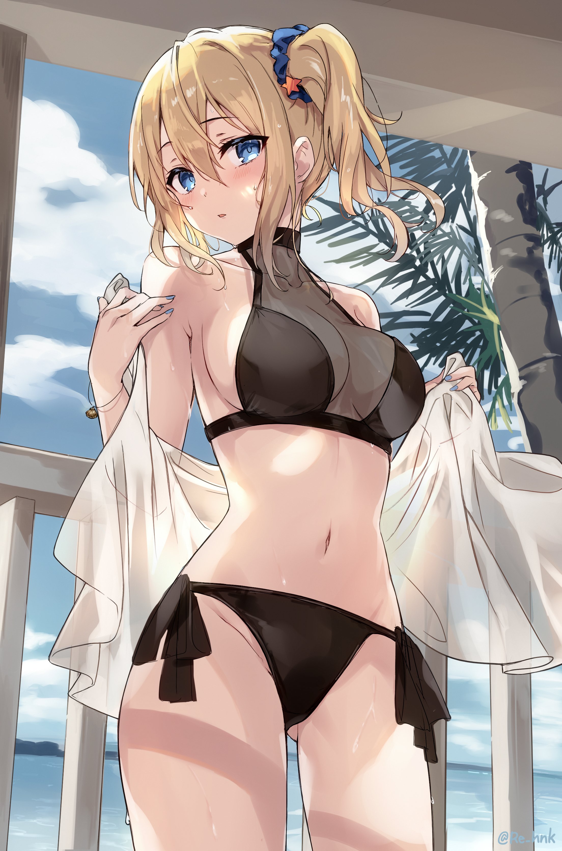 asymmetrical hair, bare shoulders, bikini, black bikini, black swimsuit, blonde hair, blue eyes, blue nails, blush, breasts, clavicle, cleavage, cloud, cowboy shot, day, female, gluteal fold, groin, hair between eyes, hair ornament, hair scrunchie, halterneck, hayasaka ai, head tilt, high resolution, kaguya-sama wa kokurasetai ~tensai-tachi no renai zunousen~, large breasts, long hair, looking at viewer, nail polish, navel, off shoulder, open clothes, outdoors, parted lips, ponytail, sakura honoka (srhk0623), scrunchie, see-through, side ponytail, side-tie bikini, sideboob, sidelocks, solo, standing, stomach, swimsuit, tagme, thighs, tied hair, tree, turtleneck, turtleneck bikini, very high resolution, wet
