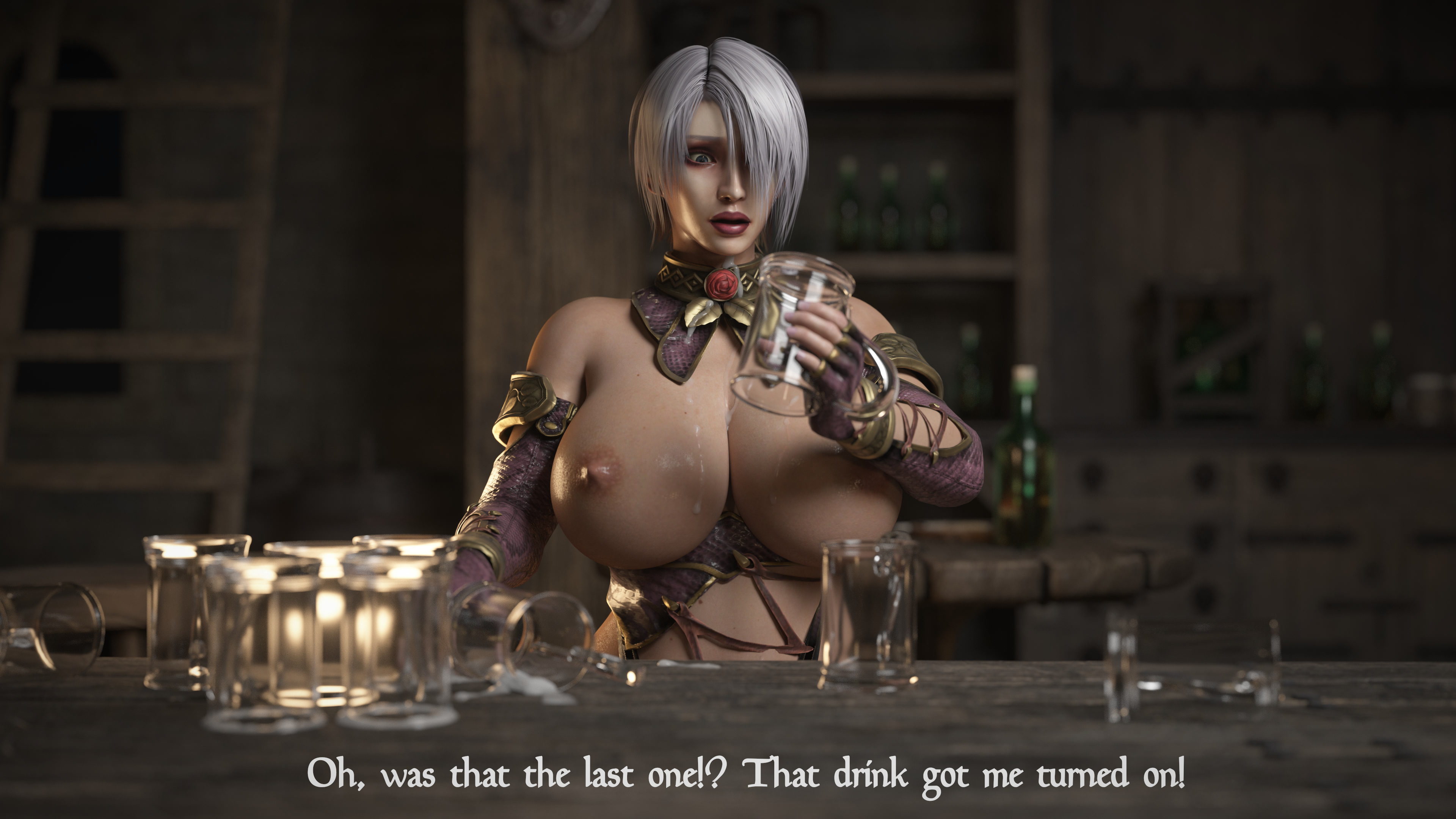 1girls, 3d, 4k, absurdres, areolae, blender, breasts, cleavage, comic, female, female only, highres, huge breasts, icedev, isabella valentine, nipples, solo, soul calibur, text, thick thighs, wide hips