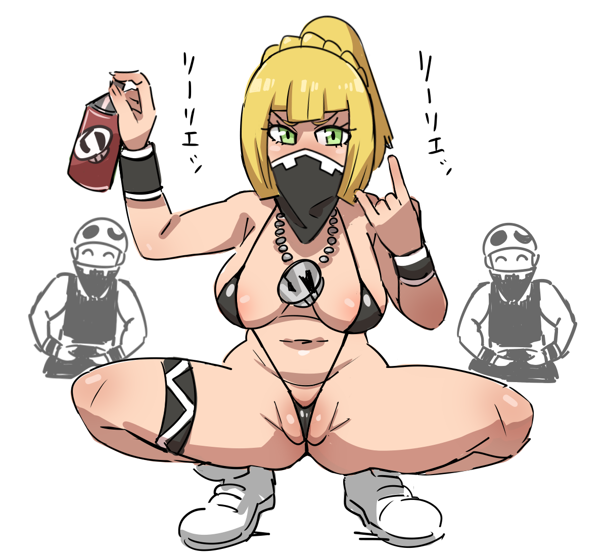 1girls, 2boys, blonde hair, breasts, corruption, cosplay, enemy conversion, eye contact, face mask, female, green eyes, kandenki, lillie (pokemon), long hair, looking at viewer, male, nintendo, pokemon, pokemon sm, spread legs, squatting, team skull, team skull grunt, team skull grunt (male), thighs, thong, white background