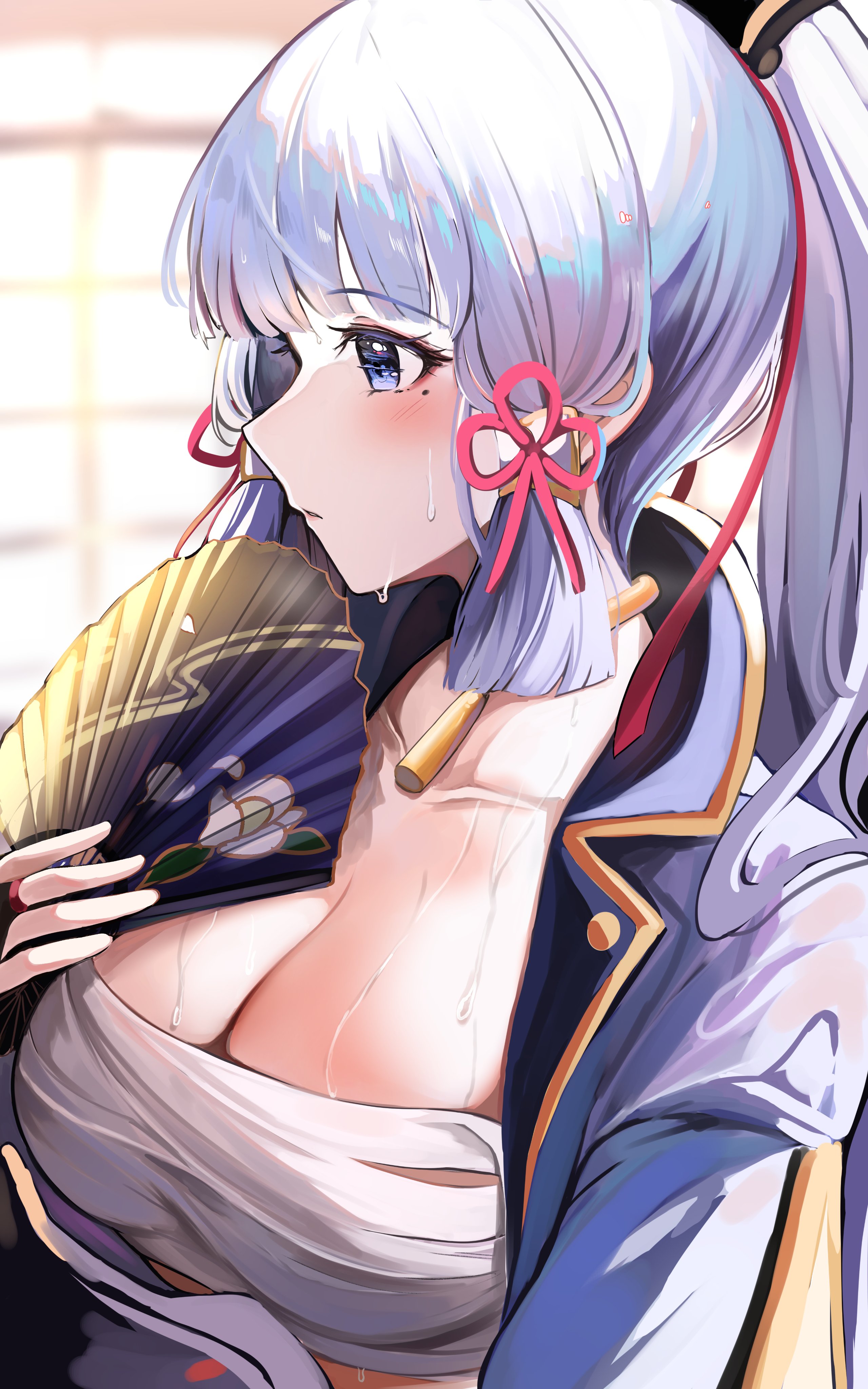 1girls, bandage, blue eyes, blush, breasts, cleavage, clothing, female, female only, genshin impact, hi res, kamisato ayaka, large breasts, mole, mole under eye, sak (lemondisk), sarashi, sweat, white hair
