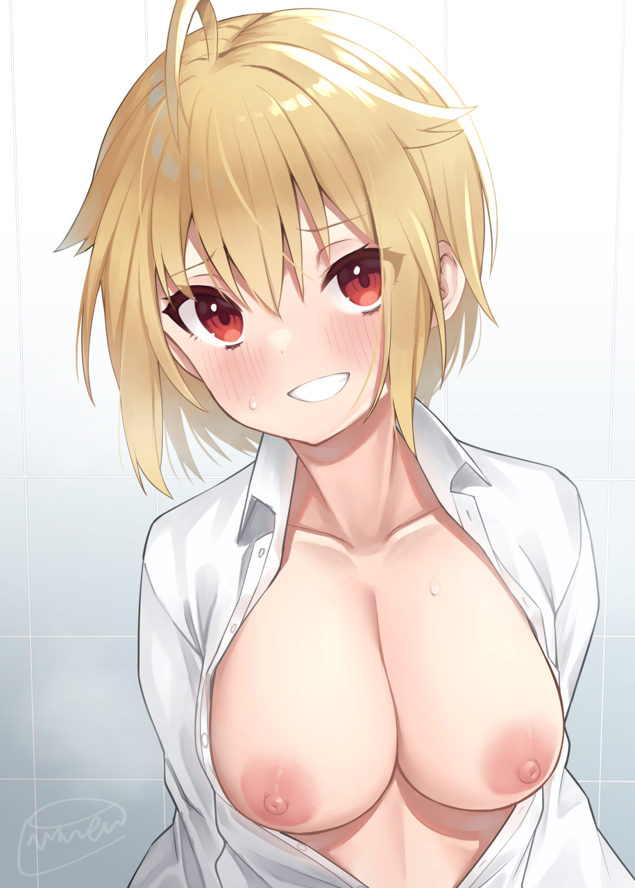 ahoge arms_at_sides artist_name bangs binsen blonde_hair blush breasts cleavage collarbone collared_shirt commentary_request dress_shirt eyebrows_visible_through_hair female grin hair_between_eyes highres ibuki_tsubasa idolmaster idolmaster_million_live! indoors large_breasts long_sleeves looking_at_viewer naked_shirt nipples no_bra open_clothes open_shirt red_eyes shiny shiny_hair shirt short_blonde_hair short_hair sidelocks signature smile solo sweat tile_wall tiles upper_body white_shirt