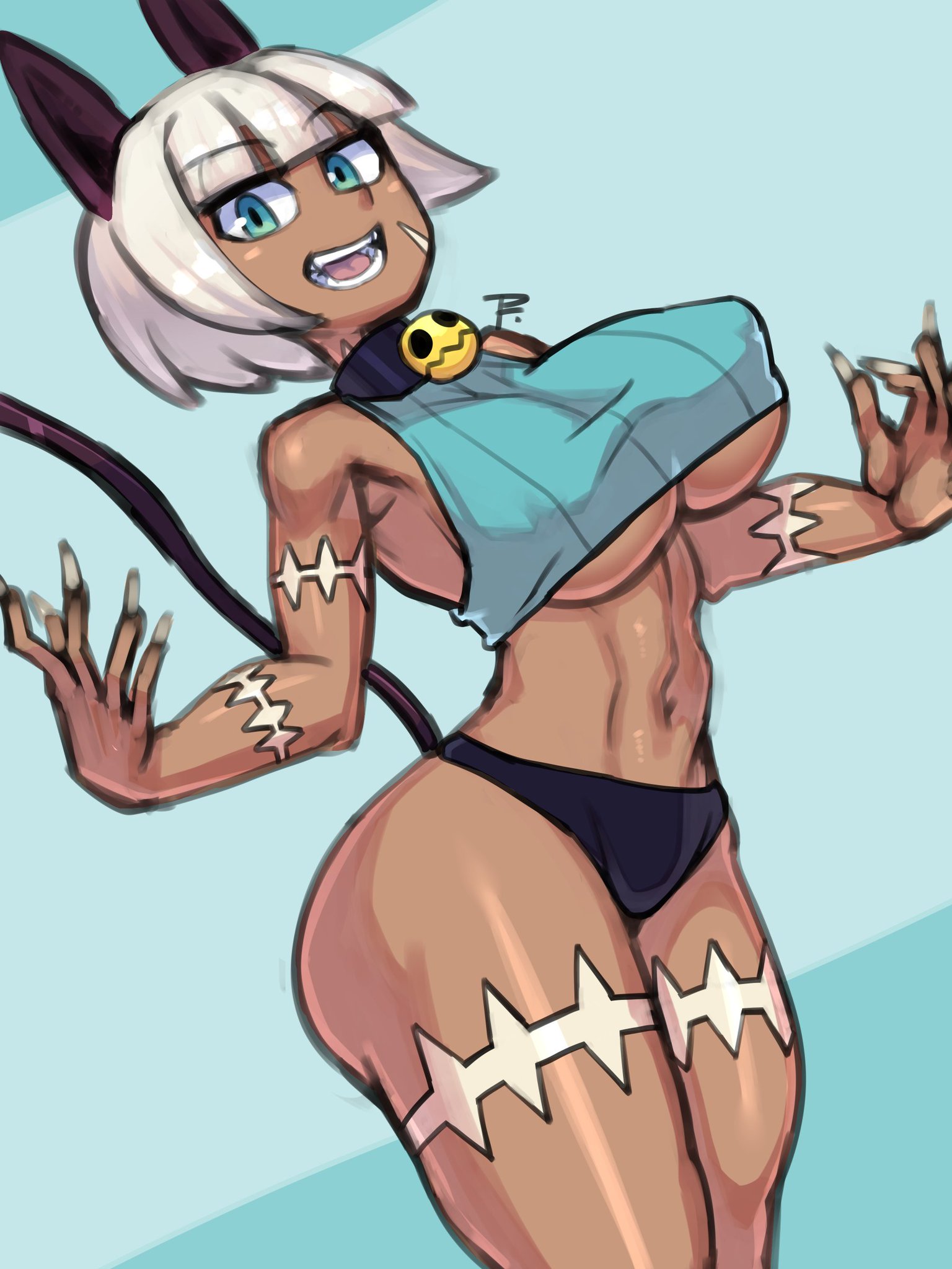 1girls, 2021, abs, ass, athletic, bell collar, belly button, big breasts, black panties, blue eyes, bra, breasts, cat ears, cat girl, catgirl, collar, dark skin, dark-skinned female, erect nipples, female, nadia fortune, nipple bulge, nipples, painting fish, panties, scar, skullgirls, smile, solo female, tail, thick ass, white hair