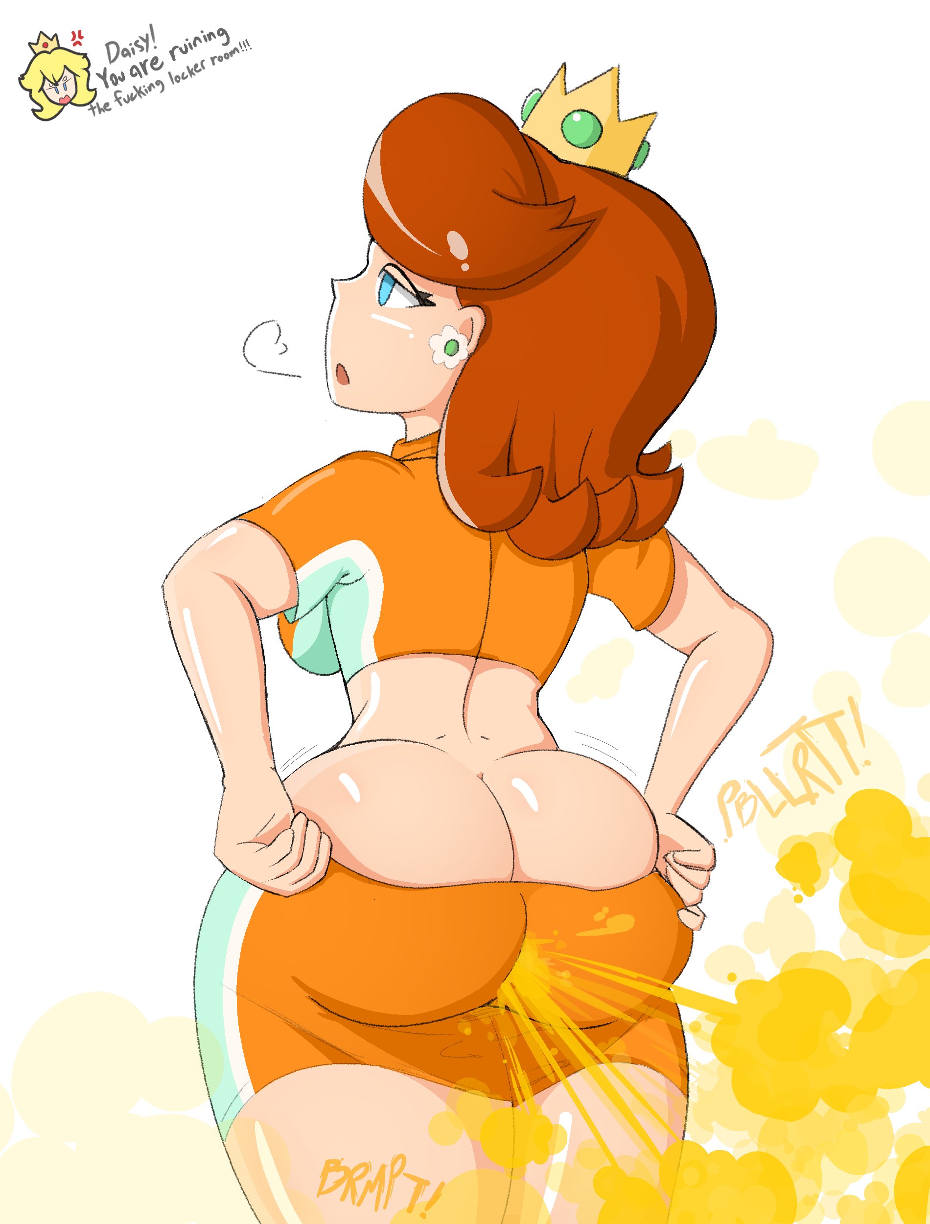 2020s, 2021, artist request, ass, back, back view, big ass, big breasts, blue eyes, boobs, booty shorts, breasts, crown, earrings, fart, fart cloud, fart everywhere, fart fetish, fart torture, farting, farting at viewer, farts, fat ass, female, ginger, mario (series), mario strikers, nintendo, orange hair, orange shorts, princess daisy, short hair, shorts, sports bra, sports uniform, sportswear, stinky, stinky anus, stinky ass, stinky butt, text, thick thighs, thighs, tight clothing, tight fit, undressing, video game, video game character, video games