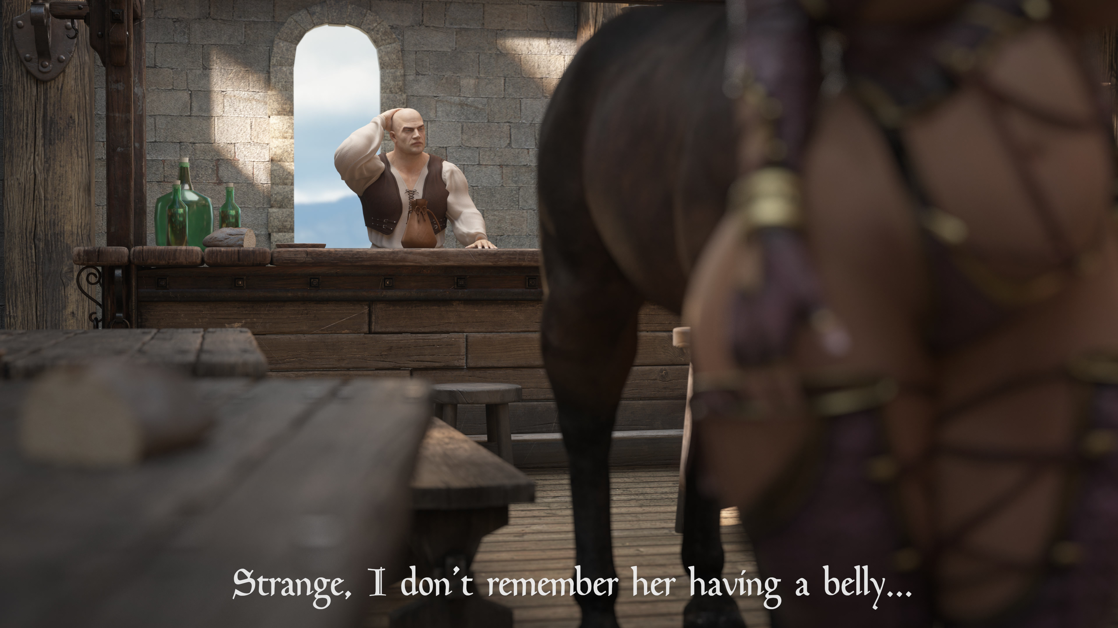 1girls, 2boys, 3d, 4k, absurdres, blender, breasts, cleavage, comic, female, highres, horse, huge breasts, icedev, inflation, isabella valentine, male, soul calibur, text, thick thighs, wide hips, zoophilia