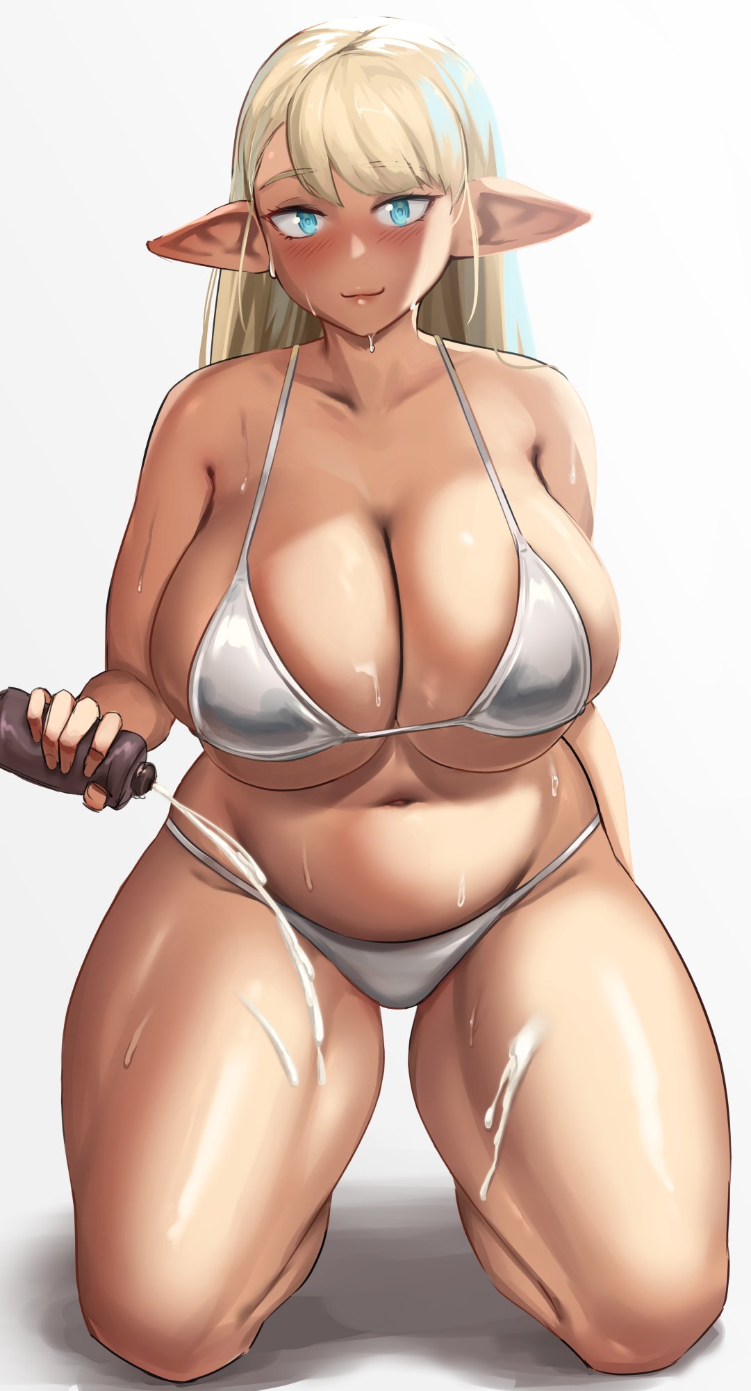 1girls, bbw, big breasts, bikini, blonde hair, blue eyes, blush, bra, breasts, chubby, chubby female, cleavage, curvy, elf, elf-san wa yaserarenai, elfuda, female, female only, huge breasts, humanoid, light skin, light-skinned female, looking at viewer, lotion, pale skin, pale-skinned female, panties, plump, pointy ears, roresu, smiling at viewer, solo, thick thighs, voluptuous, wide hips