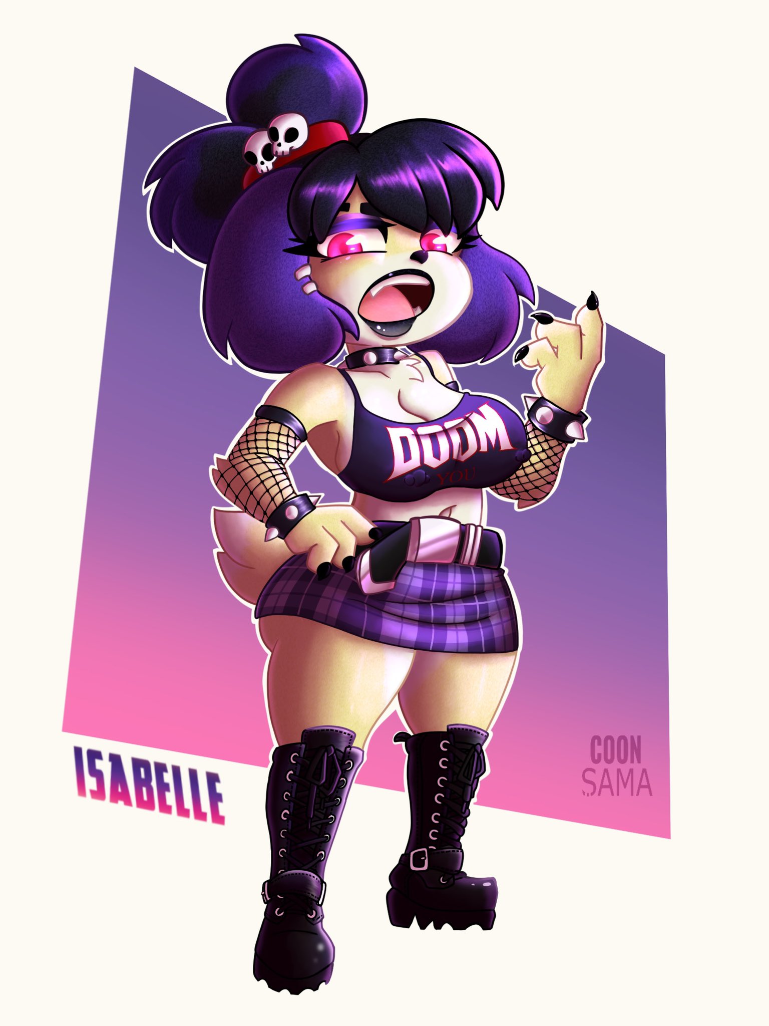 1girls, angry, animal crossing, animal crossing new horizons, anthro, areolae, ass, big breasts, big hips, big thighs, black lipstick, boots, breasts, canine, domestic dog, doom, female, female focus, female only, fishnets, furry, goth, gothabelle, isabelle (animal crossing), large breasts, nintendo, nipple bulge, nipple piercing, nipples, piercing, purple hair, raccoon sama, red eyes, short hair, shortstack, thick thighs