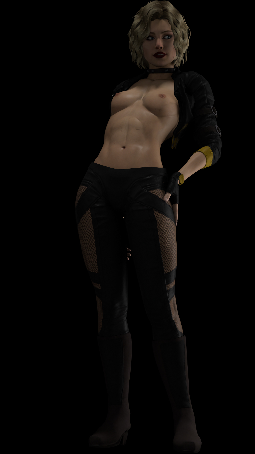 1girls, 3d, abs, areolae, biker gloves, biker jacket, black canary, black canary (injustice), blonde hair, blue eyes, breasts, breasts out, choker, dc, dc comics, dinah lance, female, female only, fingerless gloves, full body, green arrow (series), injustice 2, lipstick, looking away, navel, nipples, plain background, short hair, smile, solo, winterssfm