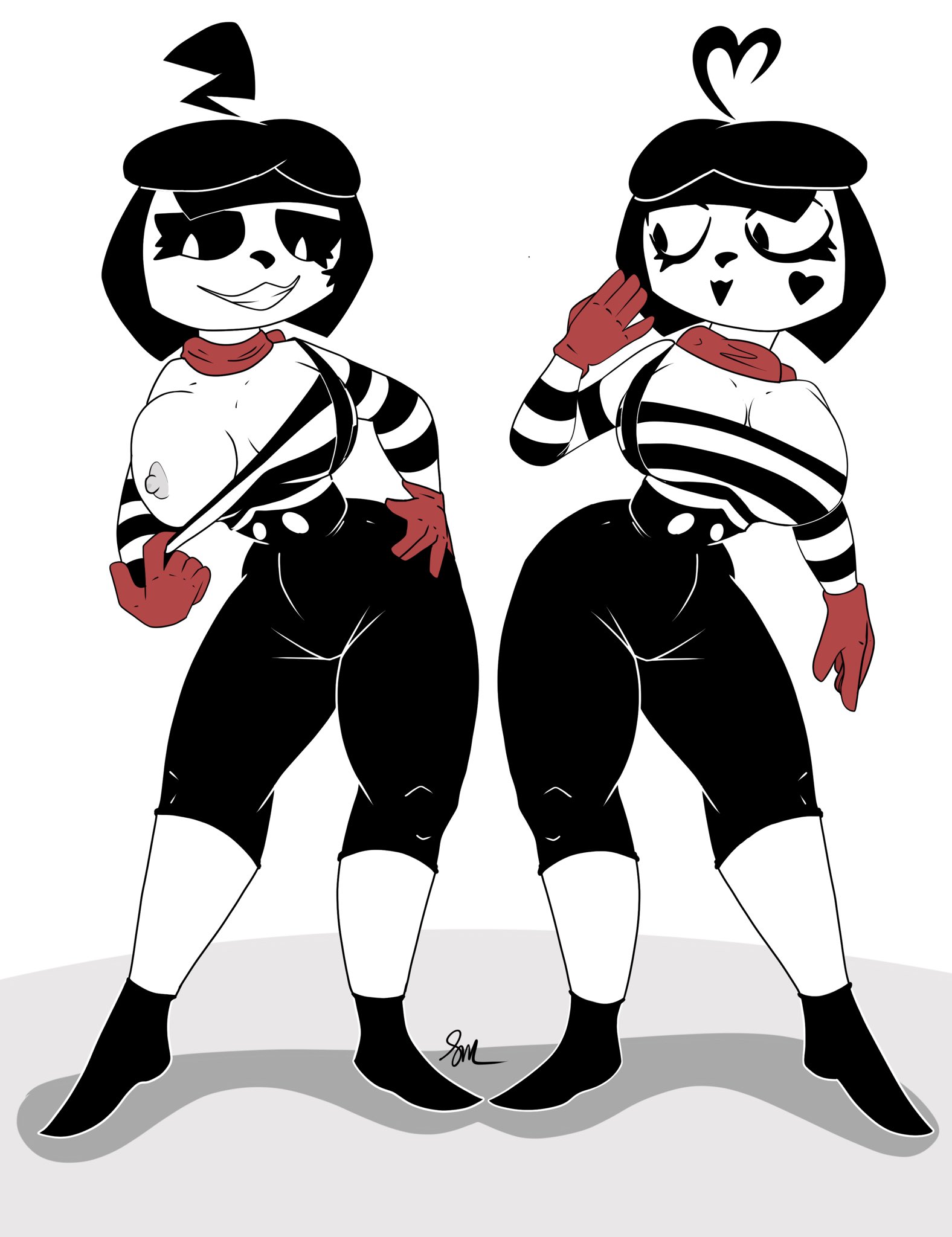 :3, 2girls, artist request, ass, big breasts, bonbon (derpixon), breasts, chuchu (derpixon), exposed breasts, female, female only, horny, huge breasts, mime, mime and dash, mime girl, multiple females, multiple girls, nipples, pulling bra, revealing breasts, showing off, thick, thick ass, thick thighs, yuri