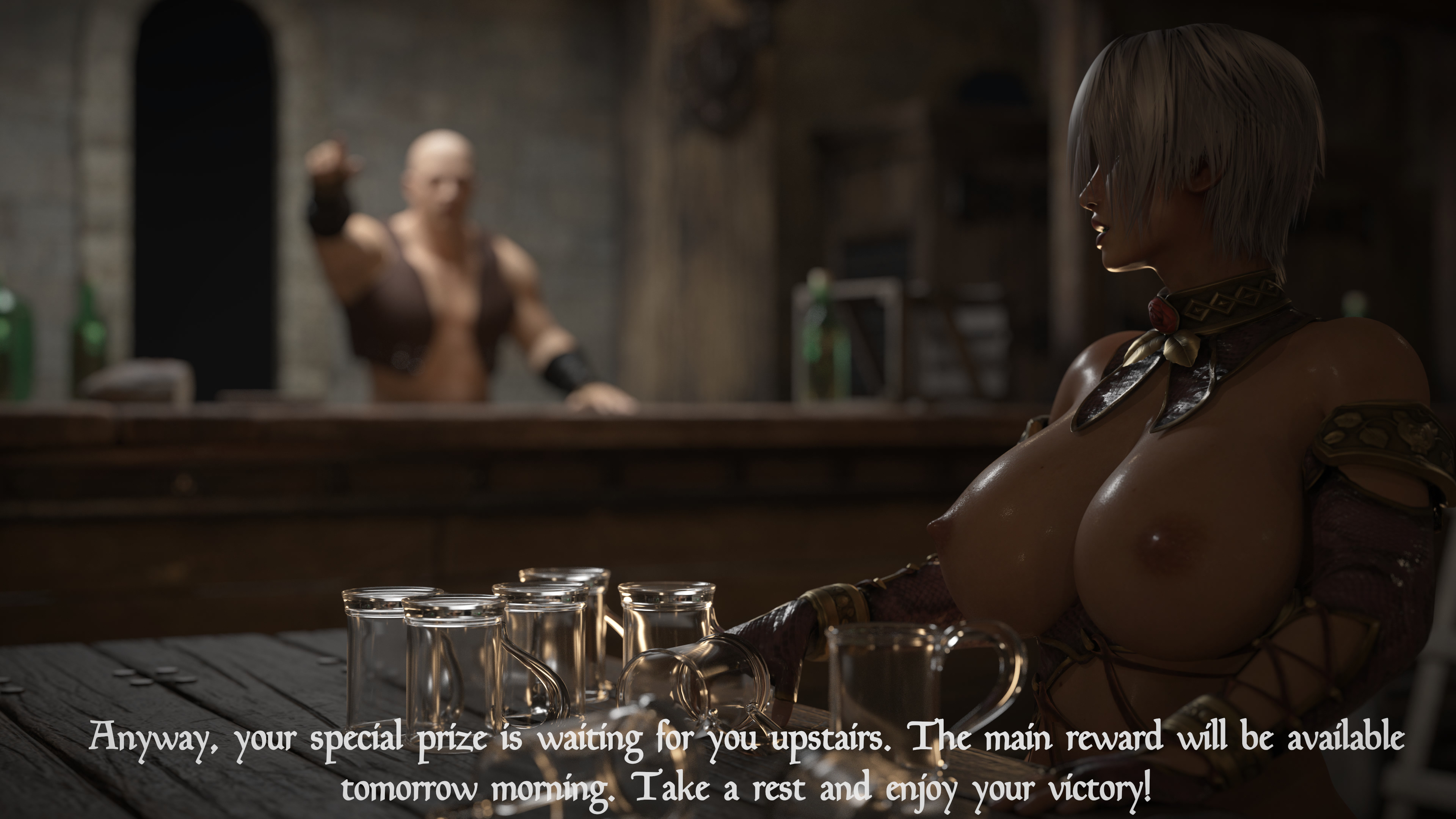 1boy, 1girls, 3d, 4k, absurdres, areolae, blender, breasts, cleavage, comic, female, highres, huge breasts, icedev, isabella valentine, male, nipples, soul calibur, text, thick thighs, wide hips