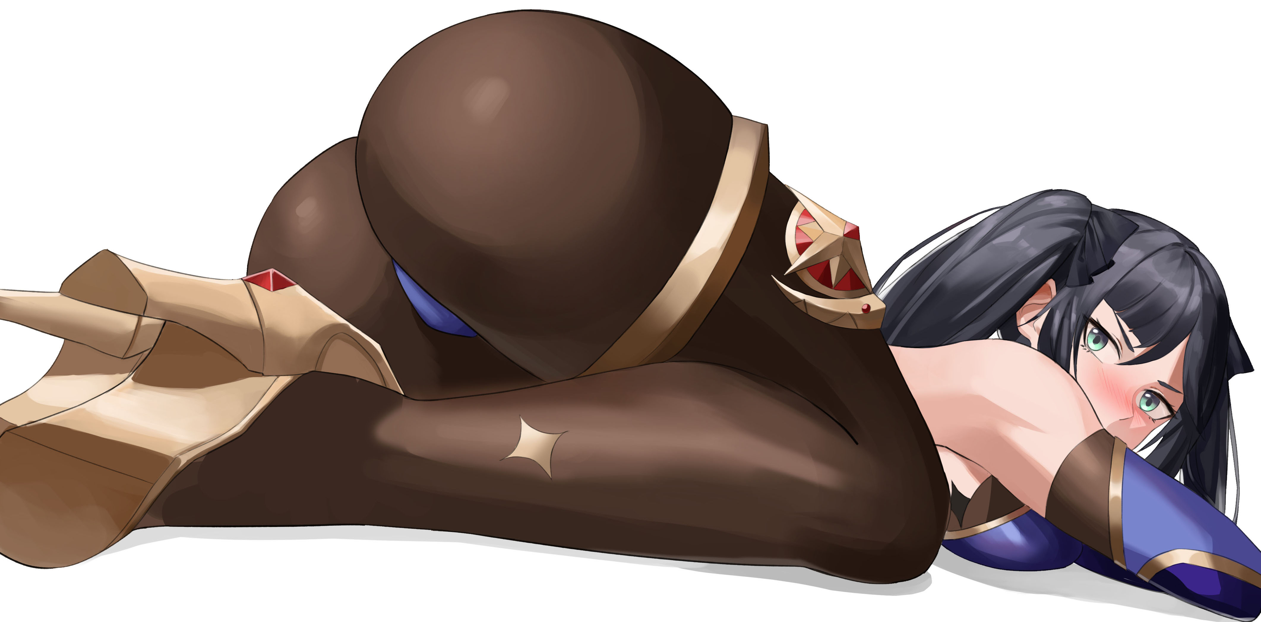 1girls, ass, big ass, big butt, blue eyes, fat ass, female, female only, genshin impact, gold (metal), gold heels, gold jewelry, high heels, jewelry, large ass, leotard, looking at viewer, mona (genshin impact), pantyhose, skl, solo, solo female, thick, thick ass, thick thighs