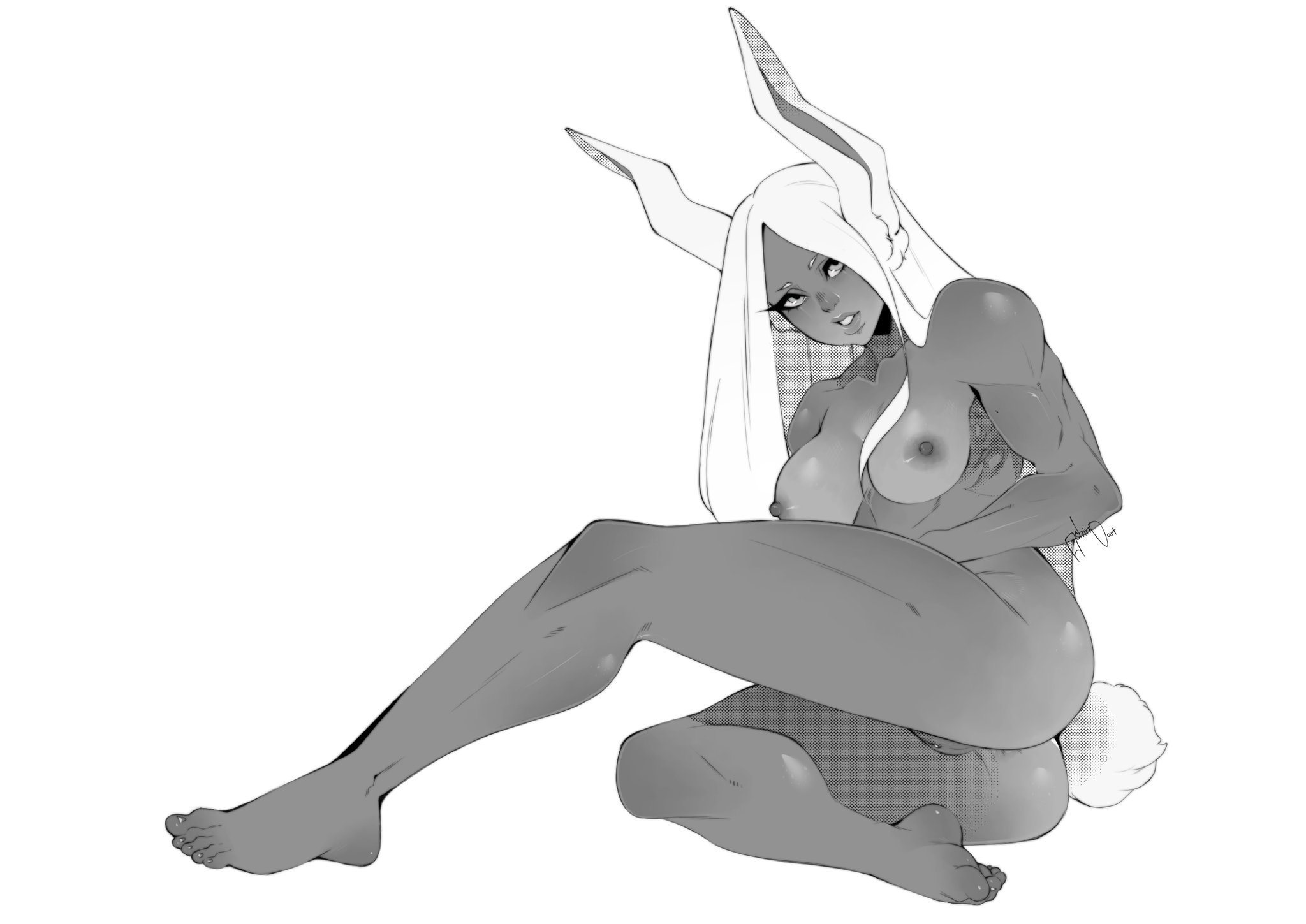 1girls, animal ears, ashino art, ass, barefoot, biceps, big breasts, breasts, bunny ears, bunny tail, completely nude, dark skin, dark-skinned female, feet, female, female focus, female only, fluffy, fluffy tail, fur, long eyelashes, long hair, looking at viewer, miruko, monochrome, muscular, muscular female, muscular thighs, my hero academia, naked, nipples, nude, nude female, perky breasts, pussy, rumi usagiyama, sitting, solo, solo female, solo focus, thigh gap, toes, very long hair, white fur, white hair