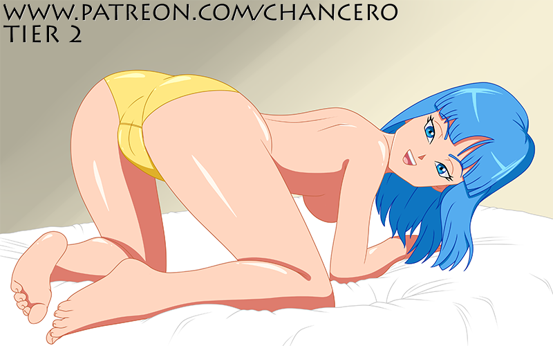 1girls all_fours aqua_hair ass bed bedroom blue_eyes blue_hair butt chancero cute dat_ass dragon_ball dragon_ball_z female fringe looking_at_viewer looking_back maron on_bed panties petite presenting presenting_ass seductive_eyes seductive_look seductive_smile solo topless underwear yellow_panties