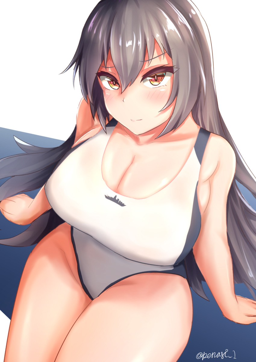 1girls alternate_costume breasts brown_eyes competition_swimsuit female female_only from_above highres kantai_collection large_breasts light-skinned_female light_skin long_hair nagato_(kantai_collection) one-piece_swimsuit sinape_(penasi_1) sitting solo swimsuit swimwear thick_thighs thighs white_swimsuit