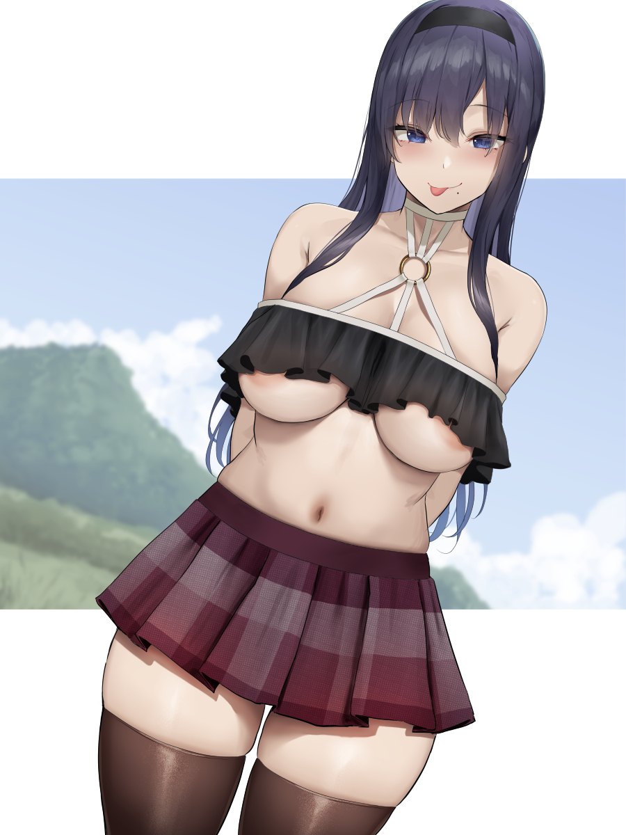 1girls, areola, areola slip, areolae, areolae peeking, arms behind back, bare arms, bare shoulders, belly, blue eyes, blue hair, blush, breasts, exposed shoulders, female, hair band, looking at viewer, mole, mole under mouth, outdoors, outside, skimpy, skimpy clothes, skirt, smile, smiling, stomach, thick thighs, thighhighs, thighs, tongue, tongue out, underboob, white background
