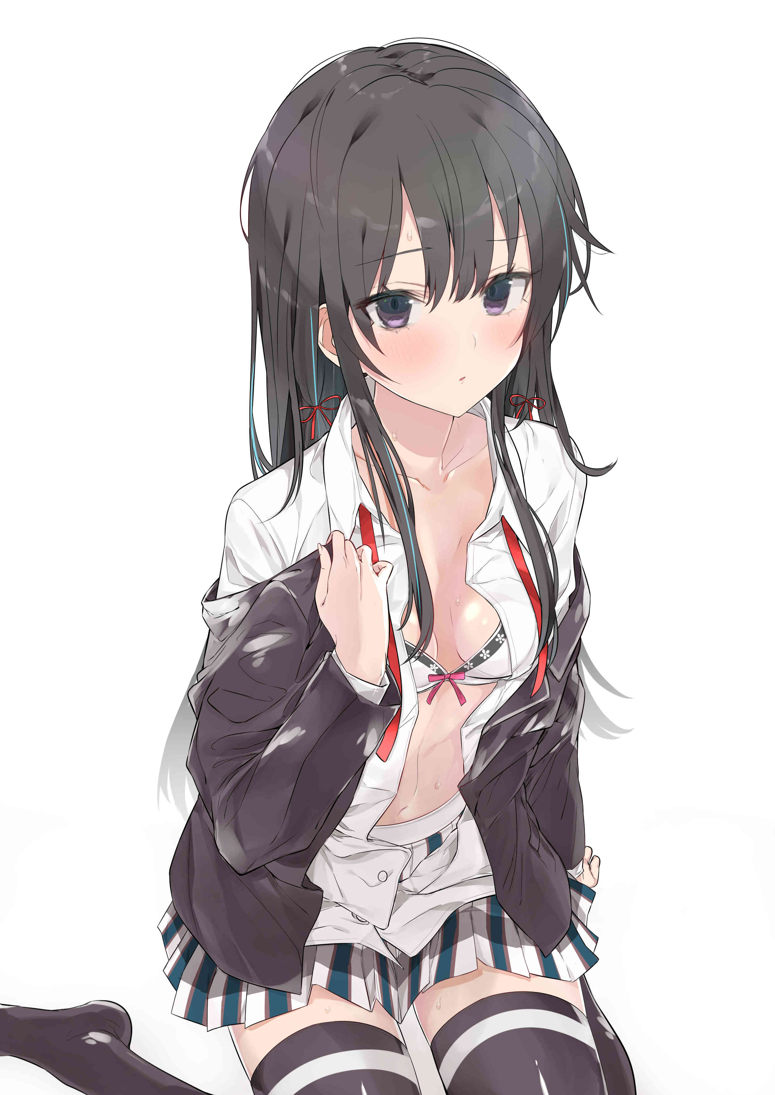 asymmetrical hair, black eyes, black hair, blazer, blush, bra, breasts, feet apart, female, hair ornament, hair ribbon, high resolution, jacket, jpeg artifacts, knees together, knees together feet apart, long hair, looking at viewer, medium breasts, mitsudoue, my teen romantic comedy snafu, open clothes, plaid, plaid skirt, ponytail, purple eyes, red ribbon, ribbon, school uniform, shirt, side ponytail, simple background, sitting, skirt, solo, tagme, thighhighs, thighs, tied hair, underwear, uniform, very high resolution, white background, yukinoshita yukino, zettai ryouiki