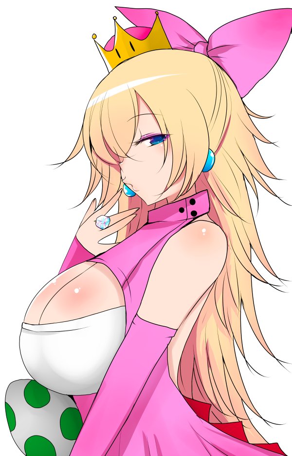 2018 bare_shoulders birdette birdo blonde_hair blue_eyes bow breasts cleavage cleavage_cutout clothing crown detached_sleeves diamond dress earrings egg eyebrows_visible_through_hair eyeshadow gem hair_ribbon half-closed_eyes han_(jackpot) holding_egg jewelry large_breasts lips long_hair looking_back mario_(series) mascara new_super_mario_bros._u_deluxe nintendo pink_clothing pink_eyeshadow pink_ribbon puckered_lips ribbon ring side_view simple_background super_crown tail very_long_hair white_background yoshi_egg