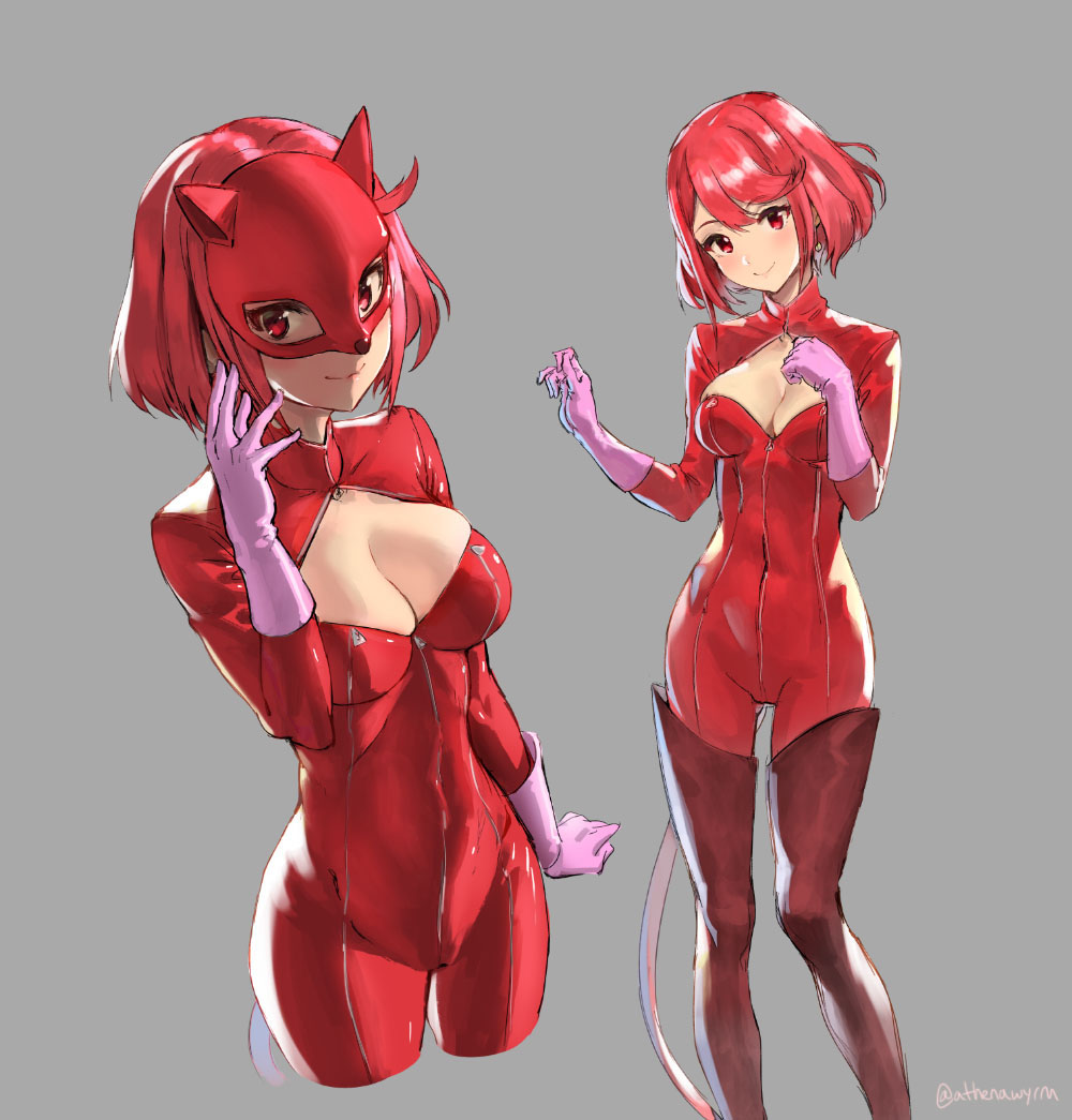 ann_takamaki_(cosplay) athenawyrm atlus bob_cut boots breasts cleavage cleavage_cutout clothing_cutout cosplay eyebrows_visible_through_hair female gloves grey_background large_breasts latex looking_at_viewer mask megami_tensei nintendo persona persona_5 pink_gloves pyra red_eyes red_footwear red_hair short_hair simple_background smile tail thigh_boots thighhighs xenoblade_(series) xenoblade_chronicles_2 zipper