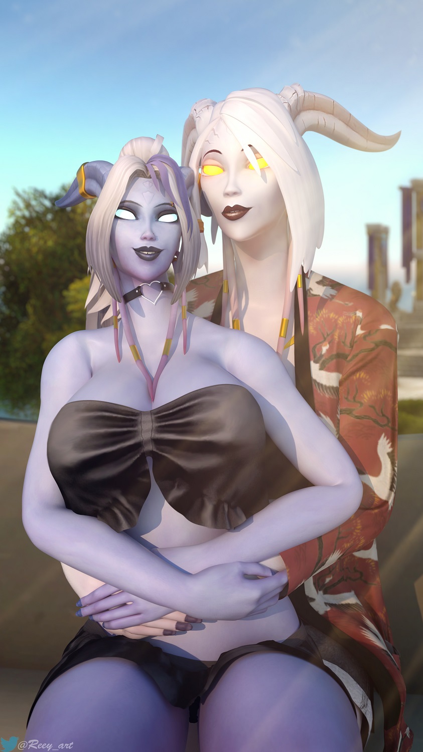 2girls 3d breasts choker collar curvy curvy_female curvy_figure draenei female female_only horns legs looking_at_viewer necklace reey_art short_skirt sitting_on_lap sitting_on_person size_difference skirt thighs warcraft world_of_warcraft wow yuri