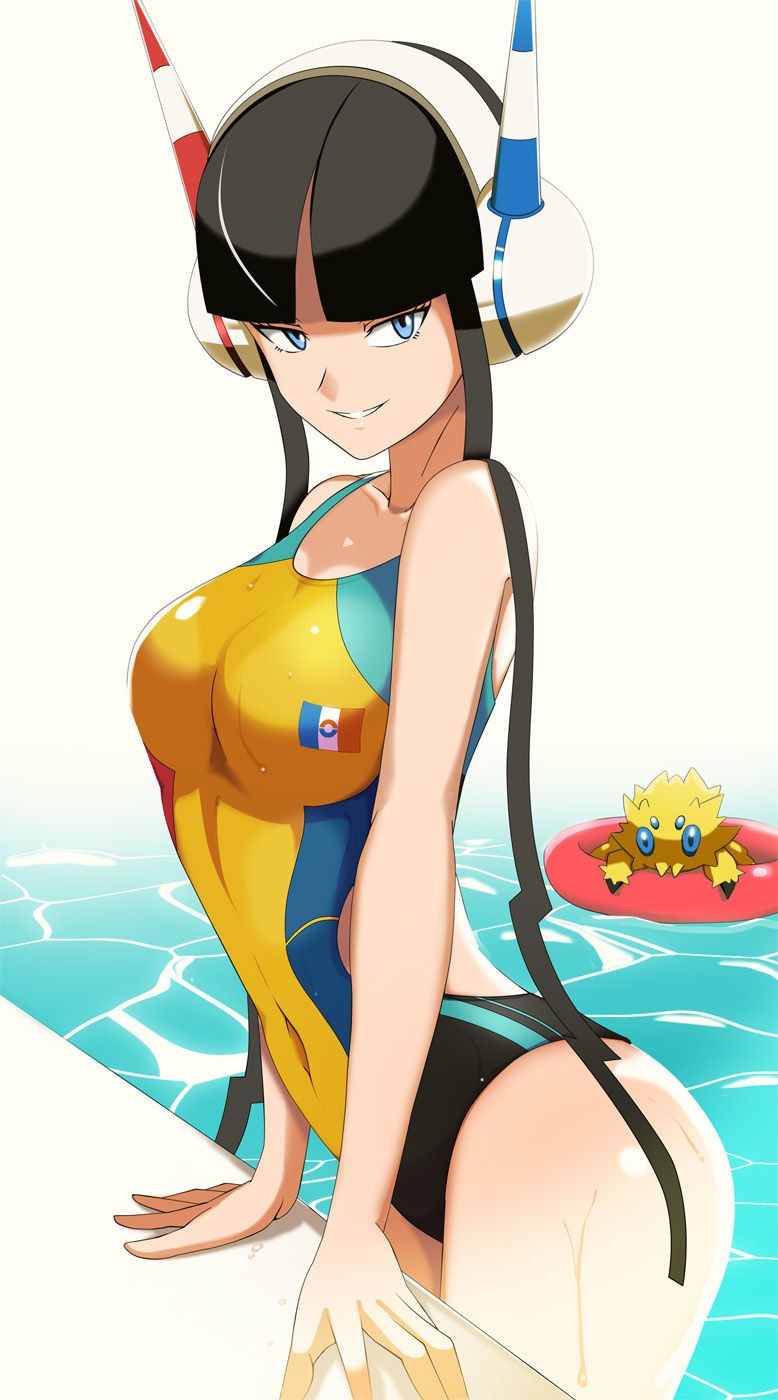 1girls black_hair blue_eyes elesa_(pokemon) elesa_(pokemon_bw2) female female_focus female_only gym_leader headphones human joltik medium_breasts nintendo one-piece_swimsuit pokémon_(species) pokemon pokemon_bw pokemon_bw2 solo solo_female swimsuit vivivoovoo