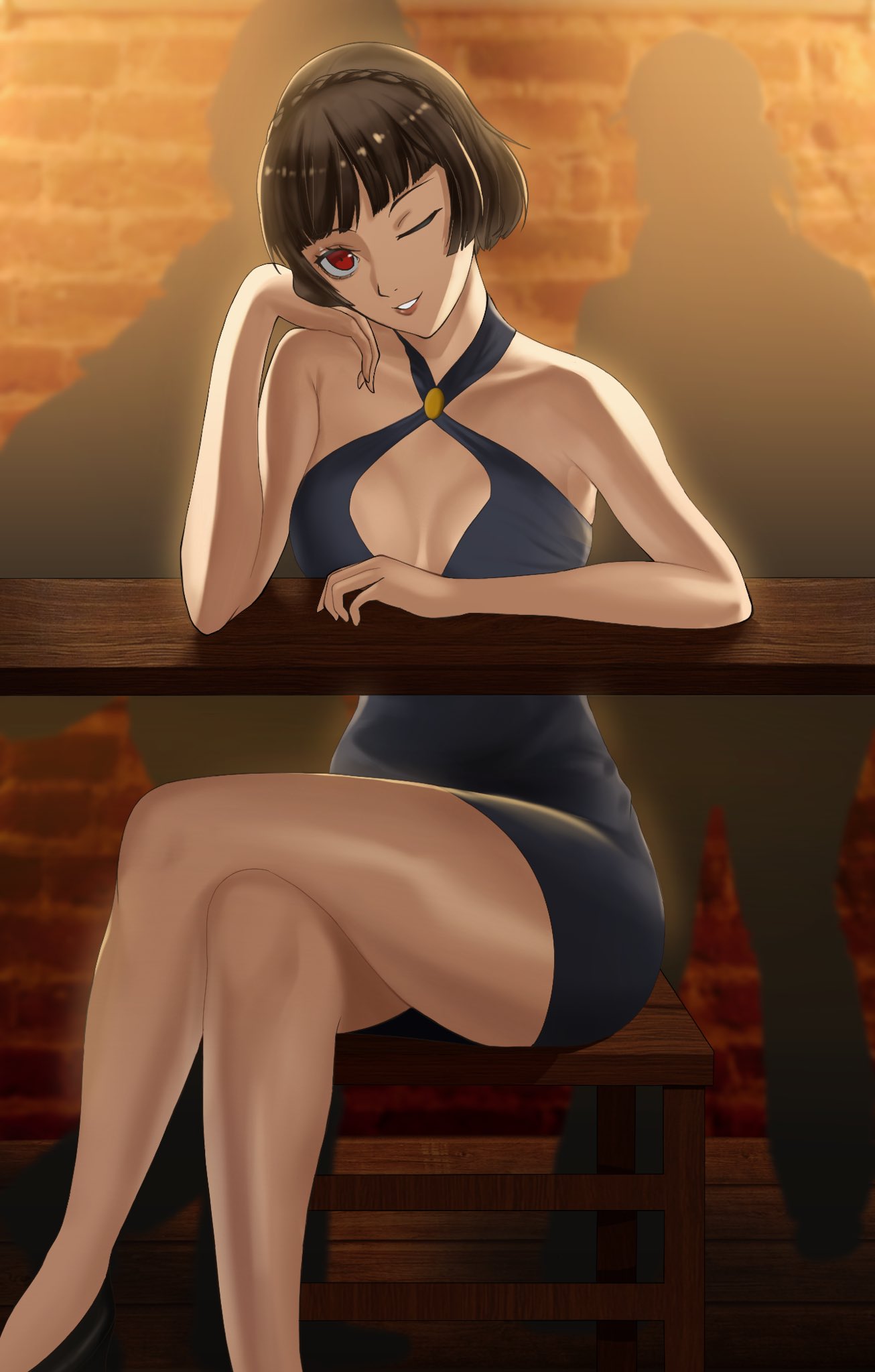 breasts, brown hair, dress, female, heels, legs crossed, makoto niijima, okaimikey, one eye closed, persona, persona 5, shin megami tensei, short hair