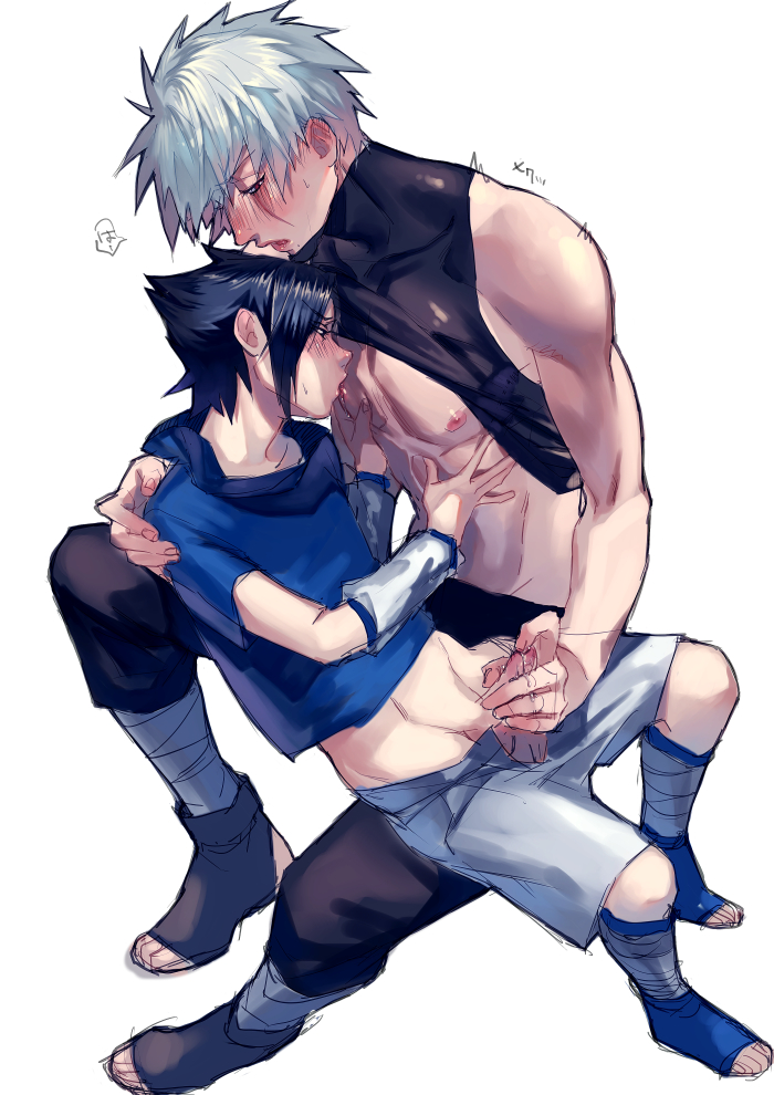 2boys, age difference, black hair, blush, celojun, clothed, clothed sex, clothing, cum, cumdrip, ejaculation, gay, handjob, hatake kakashi, kakashi hatake, licking, male, male only, male/male, moaning, naruto, naruto (classic), naruto (series), nipple licking, older male, open clothes, pants, pants down, penis, penis grab, penis out, red eyes, sasuke uchiha, sharingan, shirt, shirt lift, shorts, silver hair, sitting, sitting on lap, sleeveless, sleeveless shirt, sweat, teacher and student, turtleneck, unmasked, yaoi, younger male