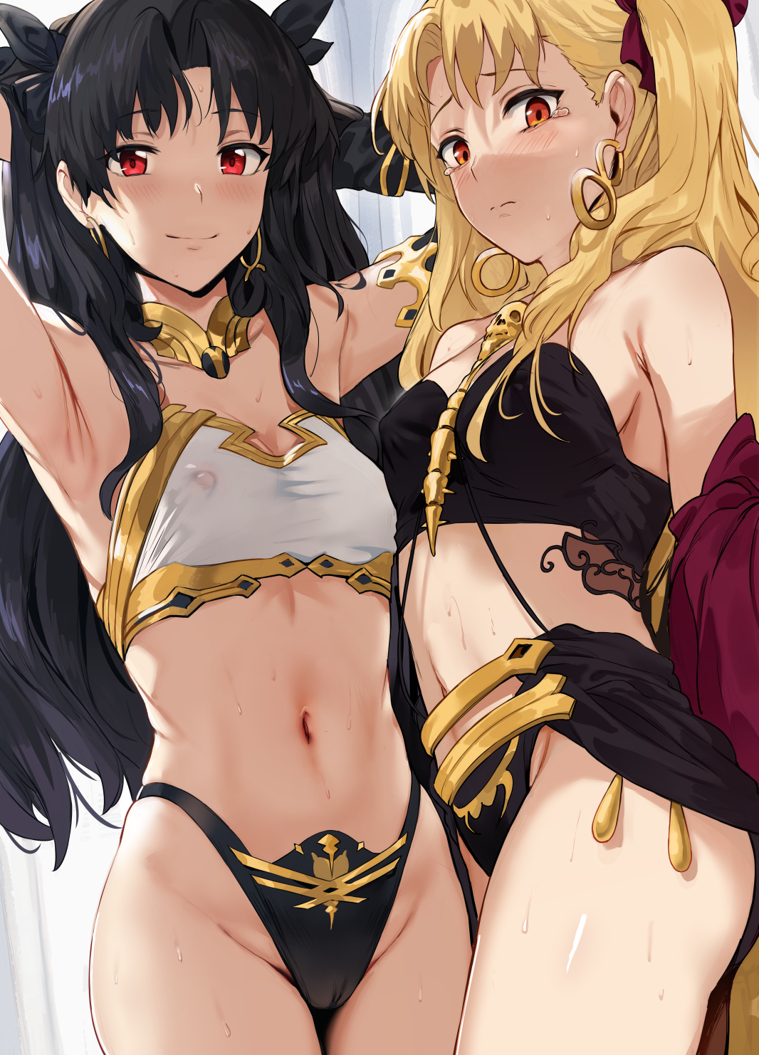 2021, 2girls, armpit crease, armpits, arms up, belly button, black hair, black panties, black topwear, blonde hair, blush, bow, bow in hair, breasts, cameltoe, clothed, clothed female, deity, earrings, elegant, embarrassed, erect nipples, erect nipples under clothes, ereshkigal (fate), fate (series), fate/grand order, female, female focus, female only, goddess, hands behind head, hews hack, highleg panties, hips, hoop earrings, ishtar (fate), ishtar (fate/grand order), long black hair, long blonde hair, long hair, looking at viewer, midriff, nervous, nipples, nipples visible through clothing, panties, perky breasts, pussy, red eyes, see-through, see-through clothing, simple background, sisters, slim waist, small breasts, smile, smiling at viewer, sweat, sweatdrop, sweaty body, tearing up, thick thighs, thighs, thong, twintails, white background, white topwear
