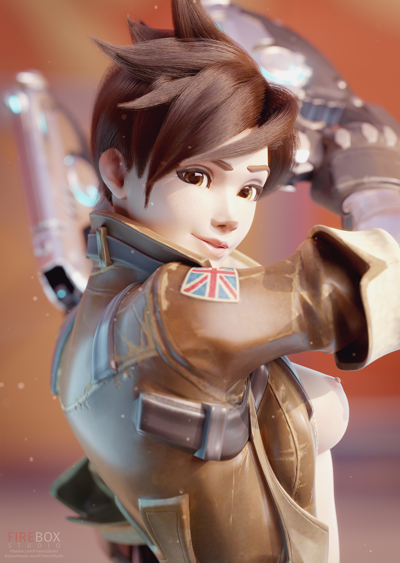 1girls, 3d, armor, blender, blizzard entertainment, breasts, breasts out, brown hair, close up, clothed, clothing, female, female focus, female only, fireboxstudio, freckles, glasses, highres, lena oxton, light skin, light-skinned female, looking at viewer, looking to the side, medium breasts, nipples, overwatch, solo, tracer, wallpaper, watermark