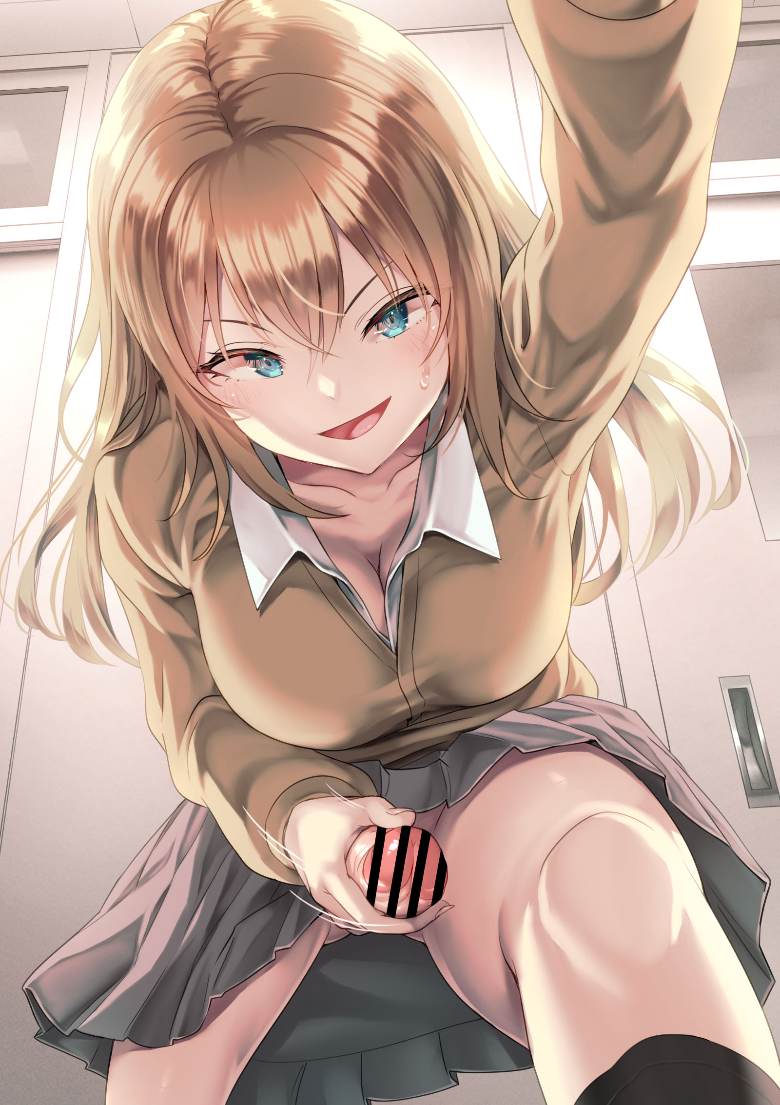 1futa, ayanakitori, bar censor, big breasts, big penis, blonde hair, blue eyes, blush, bottomless, bottomless skirt, breasts, censor bar, censored, censored penis, clothed, clothing, cock pointing towards viewer, erect penis, erection, futa only, futa sans balls, futadom, futanari, human, intersex, light skin, light-skinned futa, long hair, looking at viewer, low-angle view, masturbating to viewer, masturbation, mostly clothed, penis, penis towards viewer, pov, school uniform, skirt, smile, socks, solo, submissive pov, taker pov, thick penis