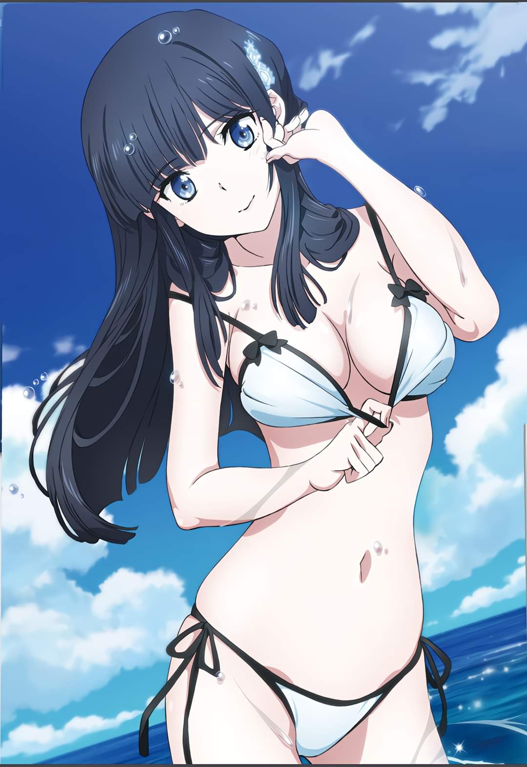 belly belly_button bikini bikini_bottom bikini_top blue_eyes blue_hair boob_window bra_lift bra_slip dark_hair female female_focus hand_on_head inner_sideboob light-skinned_female light_skin looking_at_viewer mahouka_koukou_no_rettousei mamezuka_takashi medium_breasts ocean pale-skinned_female shiba_miyuki shoulders sideboob solo solo_female thin_arms thin_female thin_waist tight_panties water wet white_skin wide_hips