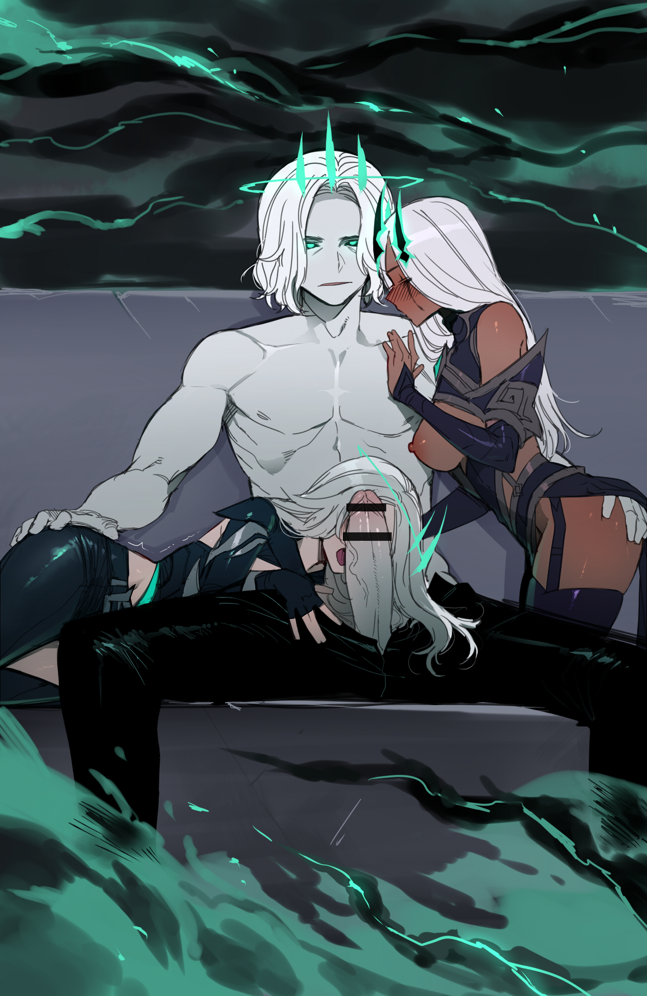 1boy, 2021, 2girls, assisted fellatio, bar censor, censored, corruption, fellatio, female, femsub, karma (league of legends), league of legends, male, maledom, mind control, miss fortune, multiple females, multiple girls, multiple subs, oral, penis, penis awe, ratatatat74, riot games, ruination, ruined (league of legends), ruined karma, ruined king symbol, ruined miss fortune, teamwork, the ruined king saga, threesome, viego (league of legends)