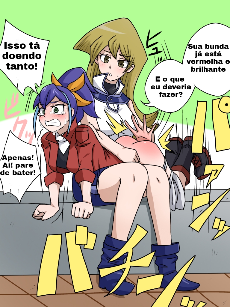 alexis_rhodes asuka_tenjoin clothing duo female over_the_knee_spanking portuguese_text serena_(yu-gi-oh!_arc-v) spanking translated yu-gi-oh! yu-gi-oh!_arc-v yuri