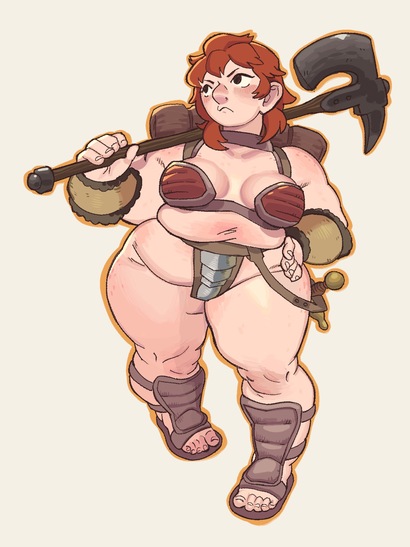 1girls, armor, armwear, auburn hair, axe, bbw, big breasts, bikini armor, black eyes, breasts, capcognito, cleavage, dungeon meshi, female, female only, footwear, full body, hair, hand on hip, holding object, holding weapon, legs, namari (dungeon meshi), plump, red hair, revealing clothes, sandals, shoulder pads, skimpy, skimpy armor, skimpy clothes, solo, solo female, thick thighs, thighs, voluptuous, voluptuous female, weapon, white background