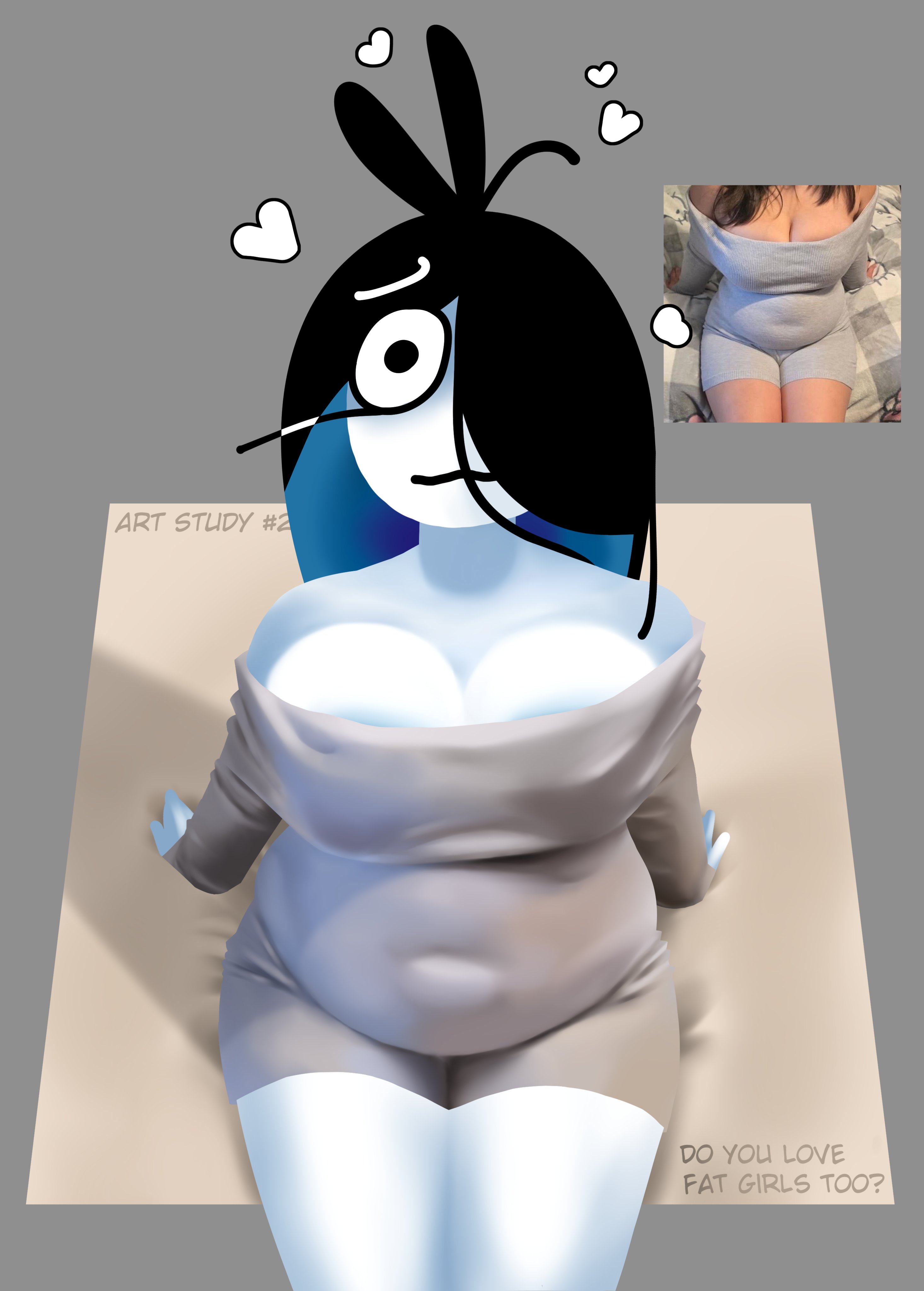 bare shoulders, belly, black hair, blush, breasts, chubby, chubby female, cleavage, dress, heart, large breasts, long hair, looking at viewer, looking up, navel, original, ramone (roockrt), reference image, roockrt, tagme, thick thighs, tight clothing, viewed from above, voluptuous, white body, wide hips
