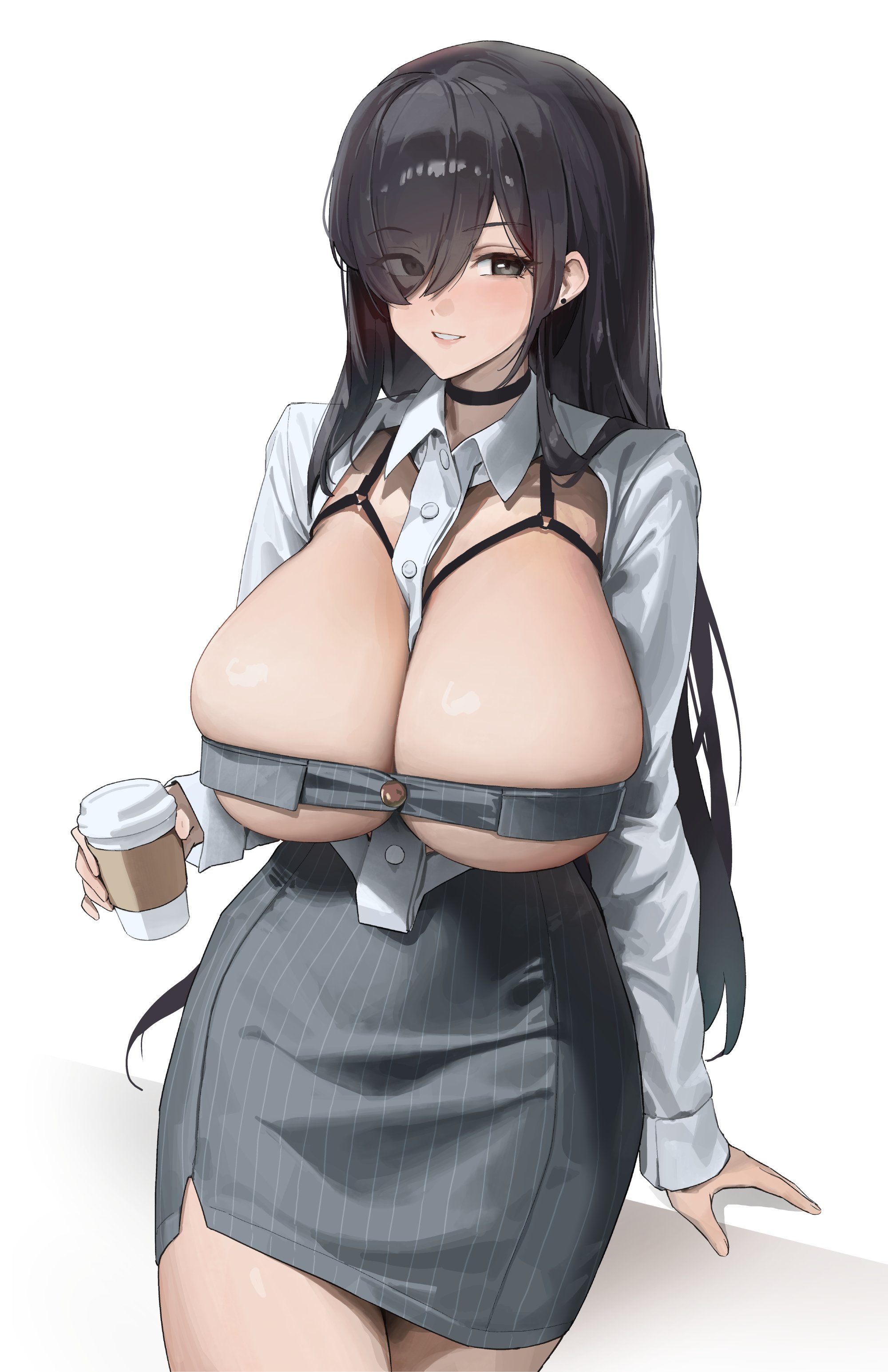 1girls, absurd res, absurdres, bandeau, bangs, belt bra, between breasts, big breasts, big forehead, black choker, black eyes, black hair, blush, bra, breast strap, breast support, breastless clothes, breastless shirt, breasts, breasts together, business suit, business woman, busty, button up shirt, choker, cleavage, clothes between breasts, clothing, coffee cup, collared shirt, cool biz, cowboy shot, cup, cupless bra, dark hair, disposable cup, ear, ear piercing, exposed breasts, exposed thighs, eyelashes, eyes visible through hair, female, female only, front view, grey clothing, grey skirt, grin, gritted teeth, hair over eye, hair over eyes, hair over one eye, hi res, high resolution, highres, holding, holding cup, holding drink, holding object, huge breasts, human, large breasts, light skin, light-skinned female, long breasts, long hair, long skirt, long sleeved shirt, long sleeves, looking at viewer, looking to the side, mostly clothed, multi-strapped bra, oc, office clothing, office lady, original, original character, pale skin, pencil skirt, piercing, revealing clothes, seductive eyes, shirt, side slit, side slit skirt, simple background, skirt, smile, solo, solo female, straight hair, strapless, striped skirt, thighs, tied breasts, underboob, underwear, very long hair, white background, white shirt, wonchun