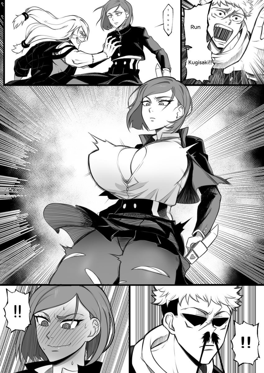 bleeding nose, blush, breast expansion, breasts, bursting clothes, button down shirt, cleavage, comic, comic page, flushed, itadori yuuji, jujutsu kaisen, kugisaki nobara, large breasts, long hair, lunging, mahito (jujutsu kaisen), monochrome, muscular, muscular male, nesz, nobara kugisaki, panties, scarf, short hair, skirt, speech bubble, sweat, sweatdrop, sweating, tagme, tagme (artist), text, thick thighs, torn clothes, vest, wide hips