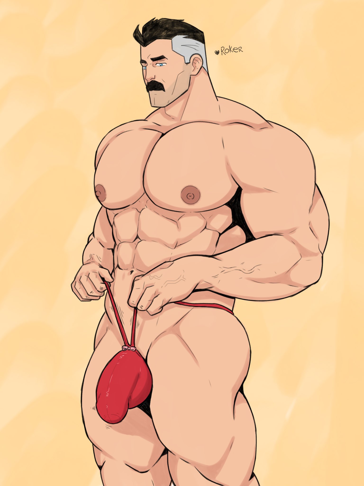 bara, big pecs, blue eyes, bulge, daddy, dilf, gay, invincible, invincible (tv series), male, male only, moustache, muscular, muscular male, nolan grayson, omni-man, roker feller, thong, viltrumite