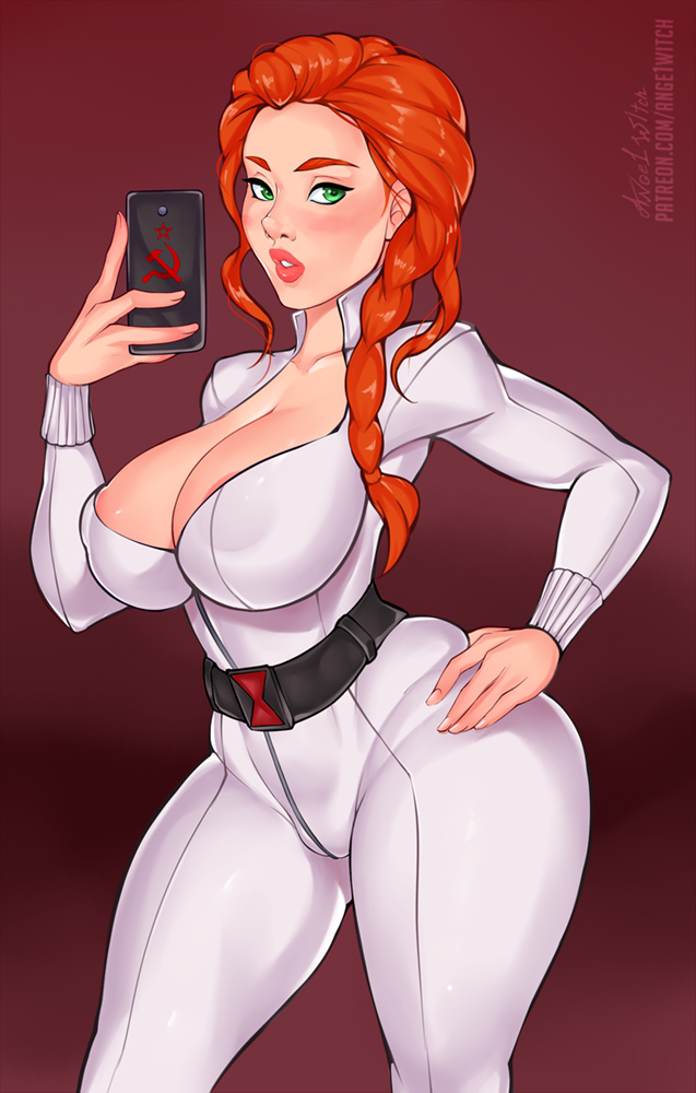 ange1witch, black widow (marvel), bodysuit, cleavage, female, green eyes, marvel, marvel comics, natasha romanoff, red hair, solo