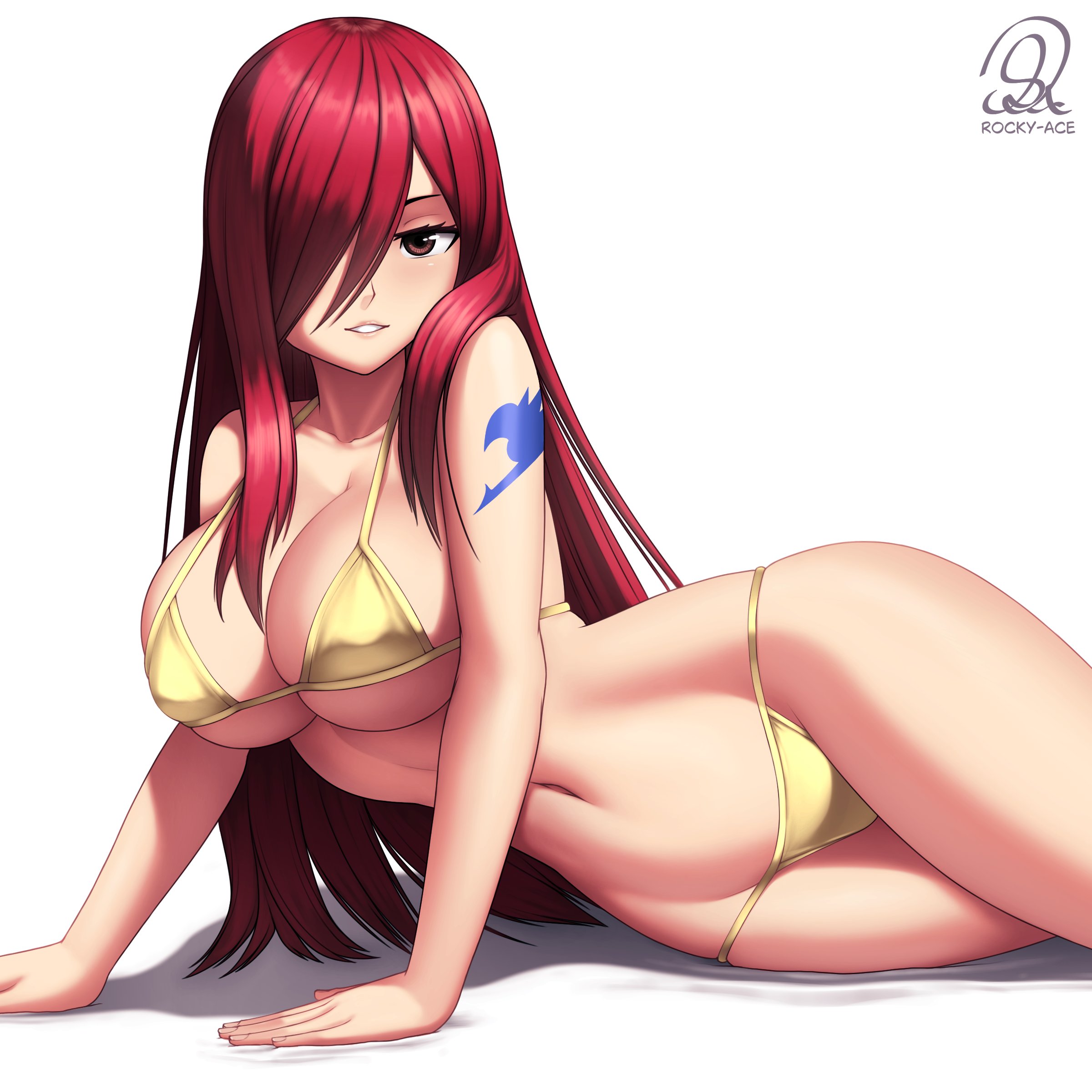 1girls, erza scarlet, fairy tail, golden bikini, red hair, rocky-ace