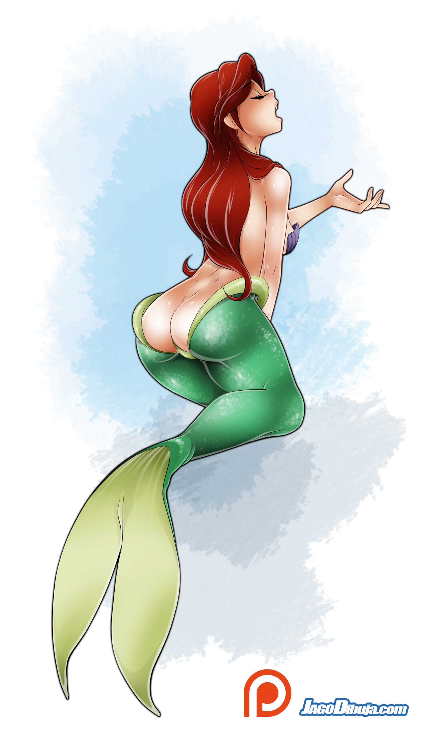 1girls, ariel, ass, closed eyes, disney, disney princess, female, female only, fish girl, fish tail, jago dibuja, long hair, merfolk, mermaid, mermaid ass, mermaid girl, mermaid tail, monster girl, red hair, royalty, seashell bra, seductive pose, solo, the little mermaid
