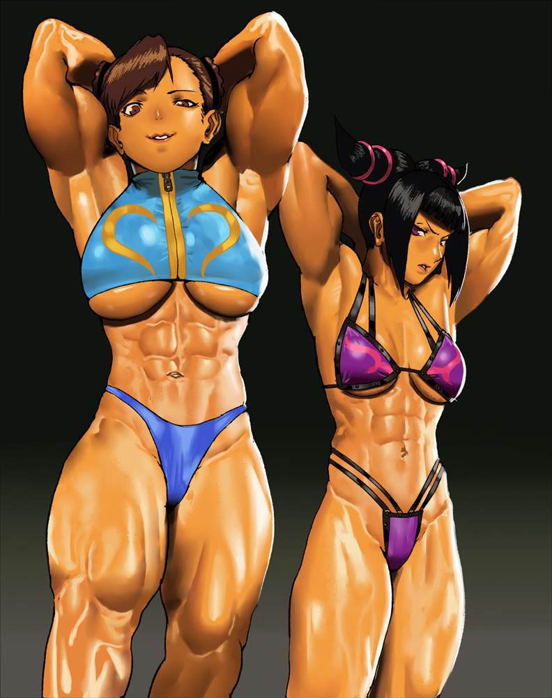 2girls abs arung_samudra_(cessa) big_breasts cessa chun-li_(cosplay) cleavage crossover female female_only flexing juri_han large_breasts multiple_girls muscles muscular muscular_female original street_fighter street_fighter_iv thick_thighs wide_hips