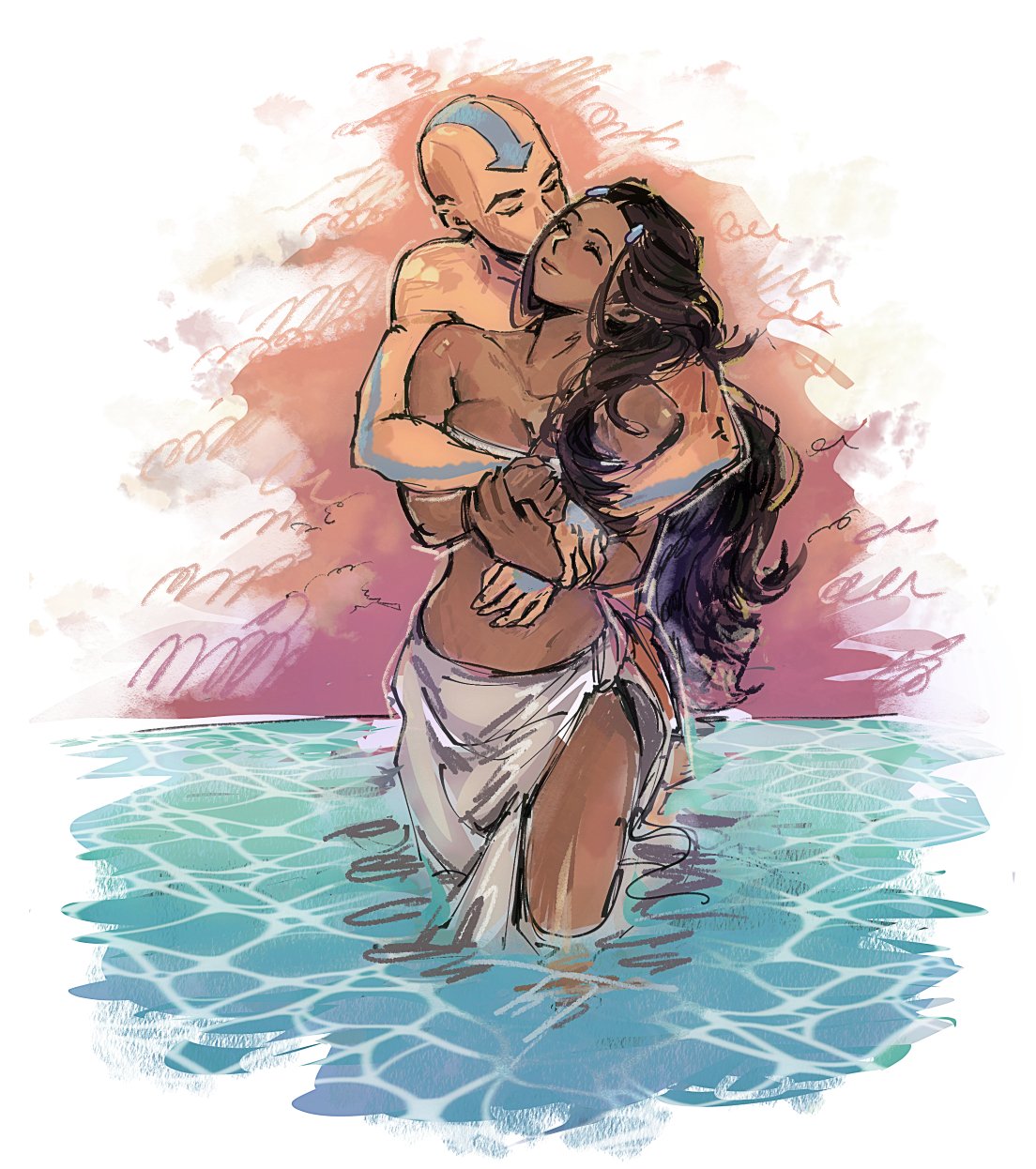 1boy, 1girls, aang, arrow (symbol), arrow tattoo, avatar the last airbender, bald, beerenfuchs, breasts, closed eyes, couple, dark skin, dark-skinned female, female, highres, hug, hug from behind, katara, kiss, kissing cheek, long hair, male, partially submerged, sarong, tattoo, thighs, untranslatable commentary, water, wavy hair