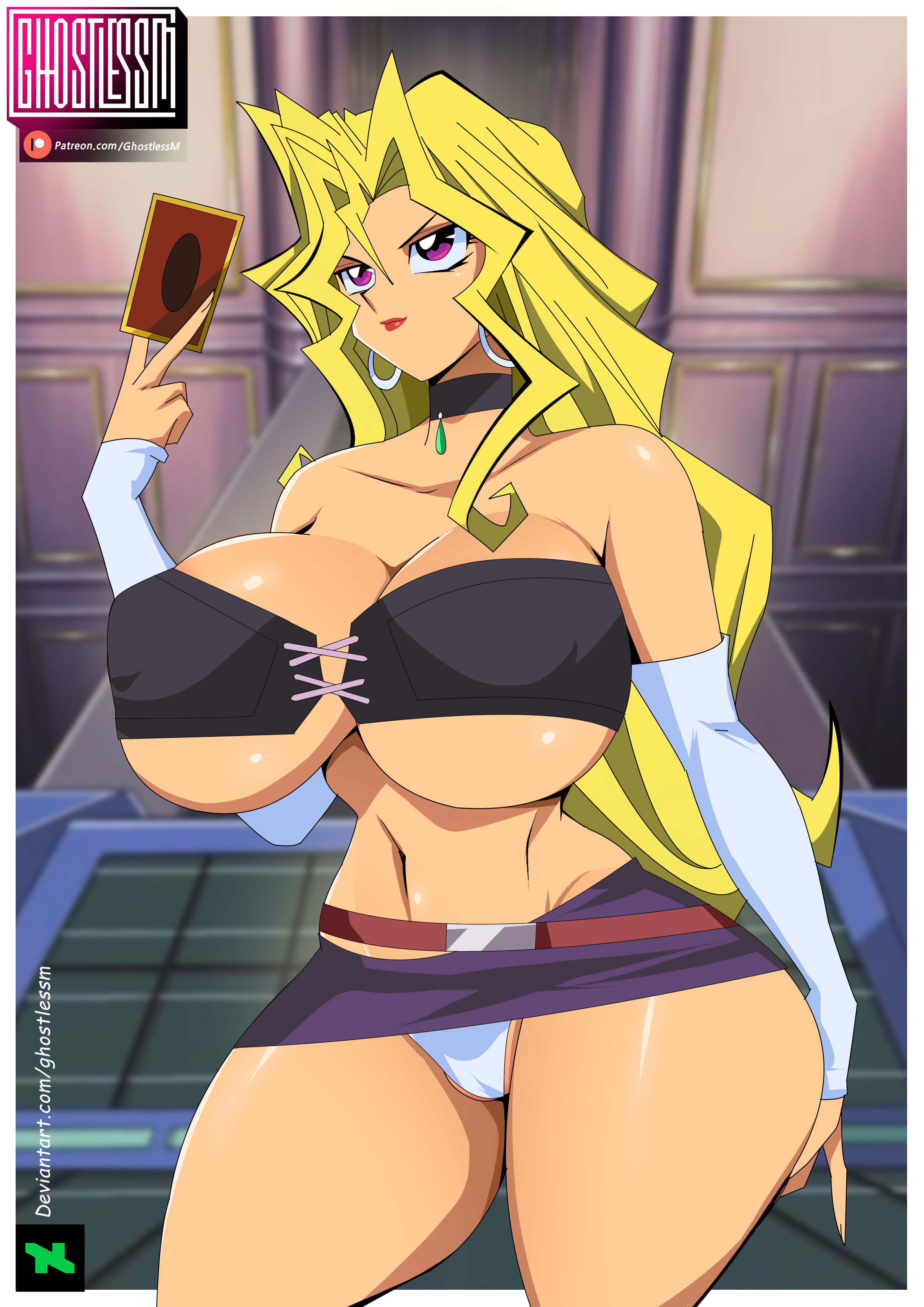 1girls, armwear, belt, big breasts, blonde hair, breasts, card, choker, cleavage, crop top, detached sleeves, earrings, female, female only, footwear, ghostlessm, hair, heels, high heels, holding card, holding object, hoop earrings, huge breasts, long hair, mai valentine, miniskirt, neckwear, panties, pencil skirt, purple eyes, purple skirt, revealing clothes, skimpy, skimpy clothes, skirt, solo, solo female, topwear, white panties, yu-gi-oh!, yu-gi-oh! duel monsters