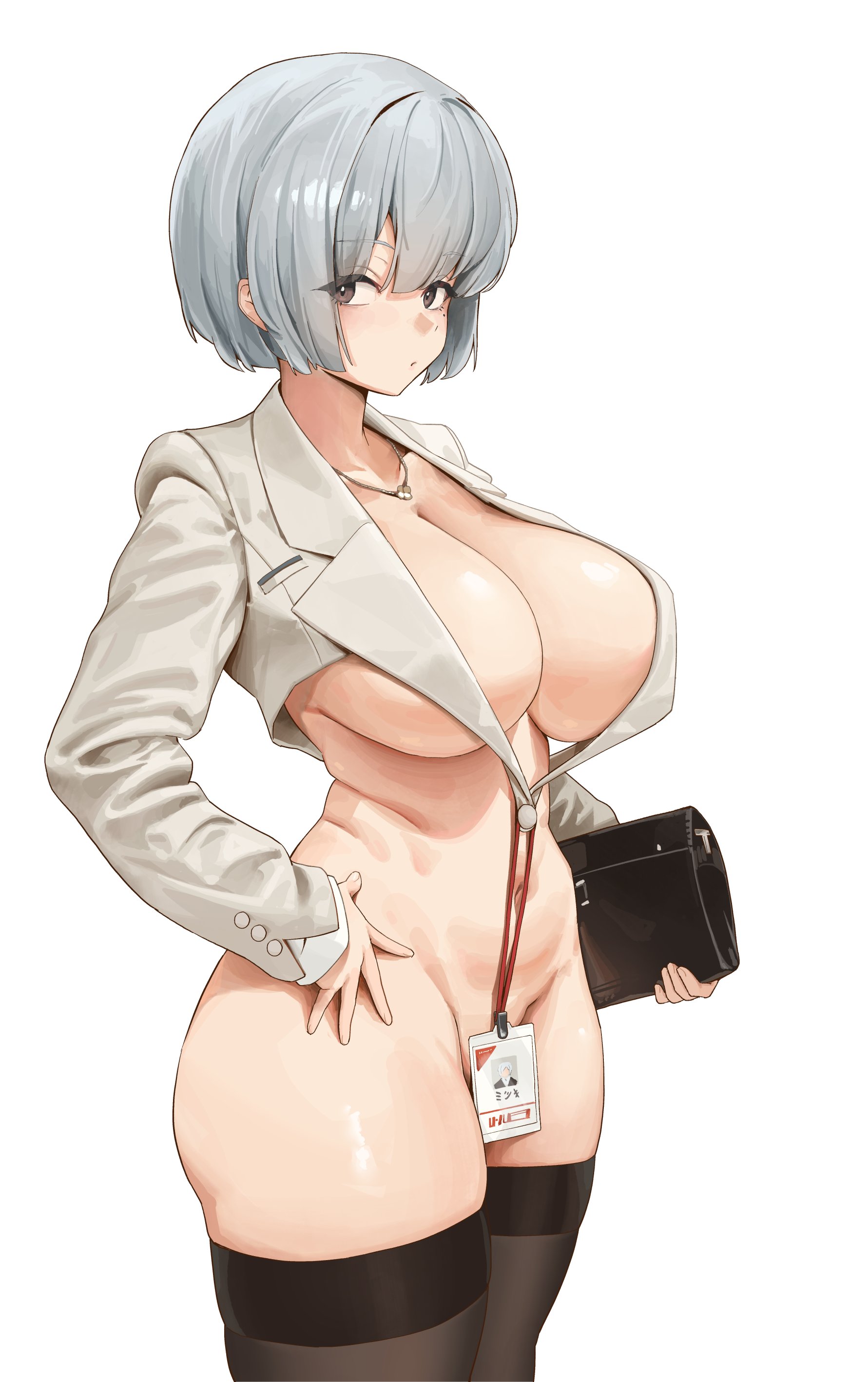 1girl, absurd res, absurdres, bag, belly, belly button, big breasts, black eyes, black thighhighs, breasts, censored, cleavage, cleft of venus, convenient censoring, cool biz, cowboy shot, cropped jacket, eye contact, female, female only, grey hair, grey jacket, groin, hair between eyes, hand on own hip, handbag, hi res, high resolution, highres, holding, hourglass figure, id card, jacket, jewelry, lanyard, large breasts, legwear, light skin, light-skinned female, long sleeves, looking at viewer, midriff, mole, mole under eye, mostly nude, navel, necklace, no panties, no pants, no underwear, oc, office clothing, office lady, open clothes, open jacket, original, original character, overflowing breasts, revealing clothes, short hair, sideboob, simple background, smooth skin, solo, solo female, stockings, thighhighs, underboob, white background, wonchun