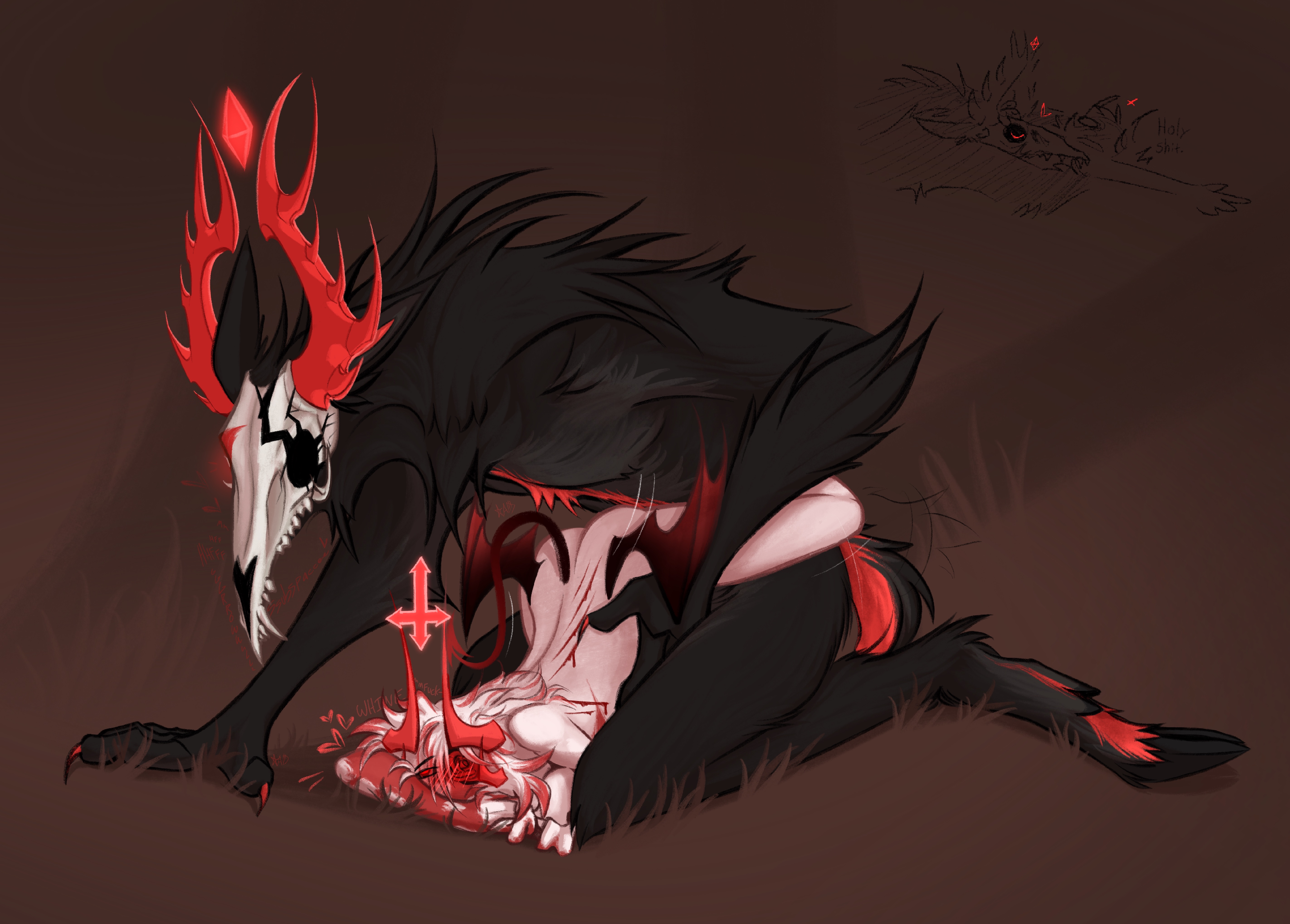 2 horns, 2boys, 4 horns, ambiguous penetration, anthro, antlers, black fur, blood, claws, completely nude, cracked skull, cross, deer, deer ears, deer tail, demon wings, devil tail, digital drawing (artwork), digital media (artwork), duo, exorspace (phighting), face down ass up, flower eyepatch, from behind, fur, hand on waist, hearts around head, hooves, horns, inphernal, legs around waist, long hair, medkit (phighting), minimal background, monster, monsterfucking, outdoors, phighting, procreate (software), red claws, red horns, roblox, roblox game, rose, scratches, scratching, self upload, sex, short tail, sianachkit (phighting), size difference, skull, starsafterdawn, subspace (phighting), tail, teratophilia, text, upside down cross, watermark, white hair, wings
