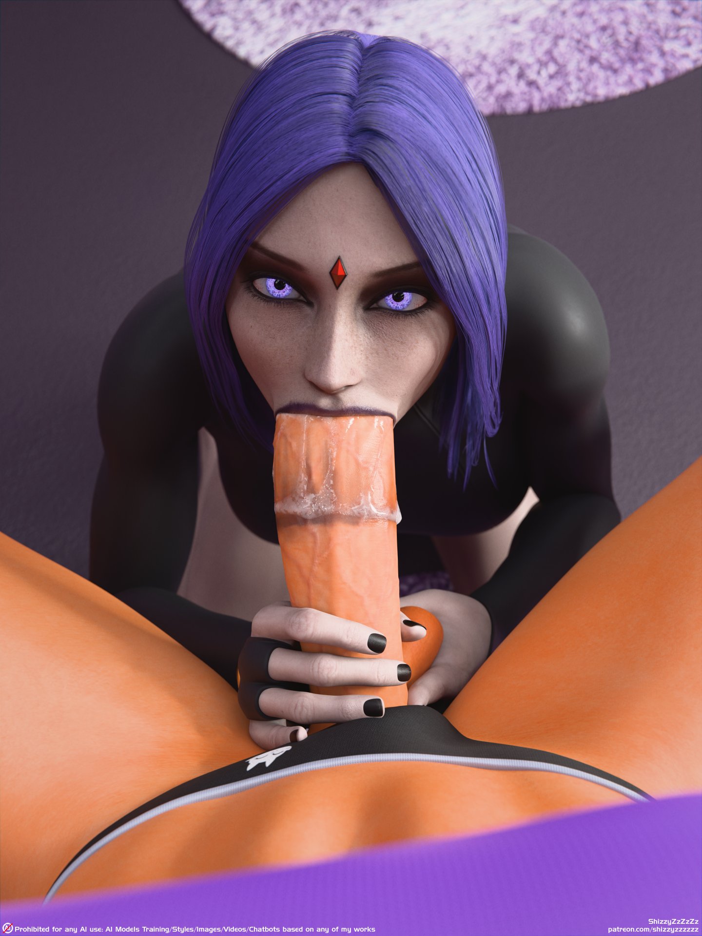 1futa, 1girls, 3d, 3d (artwork), dc comics, fellatio, female, futa on female, futanari, irrumatio, lipstick mark, lipstick on penis, looking at partner, looking pleasured, raven (dc), shizzyzzzzzz, starfire