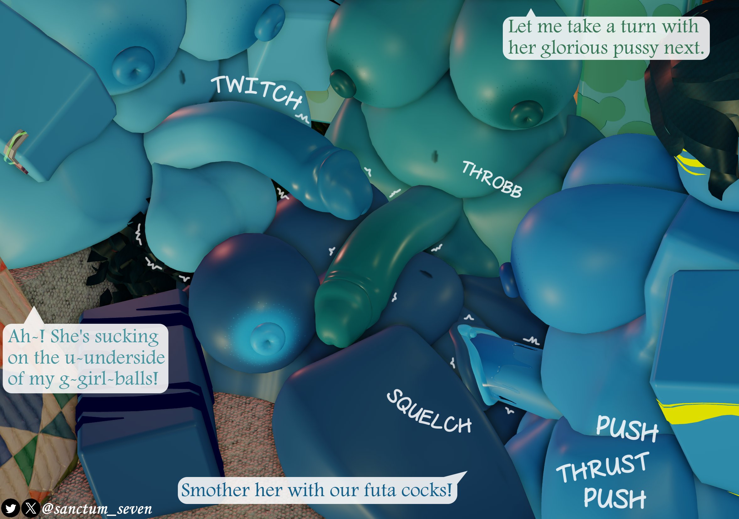 1girls, 3d, 3futas, dialogue, english text, futa, gangbang, incest, onomatopoeia, original character, original characters, roblox, robloxian, shiram, sisters, speech bubble, tagme, tagme (artist), tagme (character), text