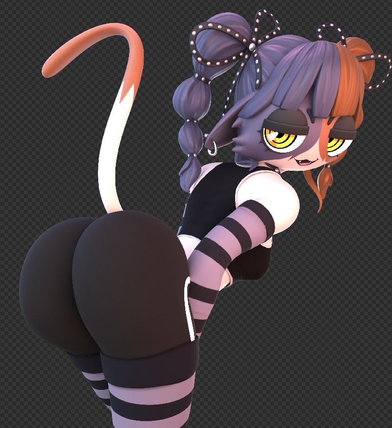 3d, anthro, anthro only, ass, ass focus, back view, bent over, black fur, black hair, breasts, brown fur, brown hair, cat ears, cat girl, cat tail, female, fortnite, gloves, leaning forward, leggings, looking back, macu031, meow skulls (fortnite), piercing, slim waist, smile, tagme, tied hair, tight clothing, topwear, viewed from behind, white fur, wide hips, yellow eyes