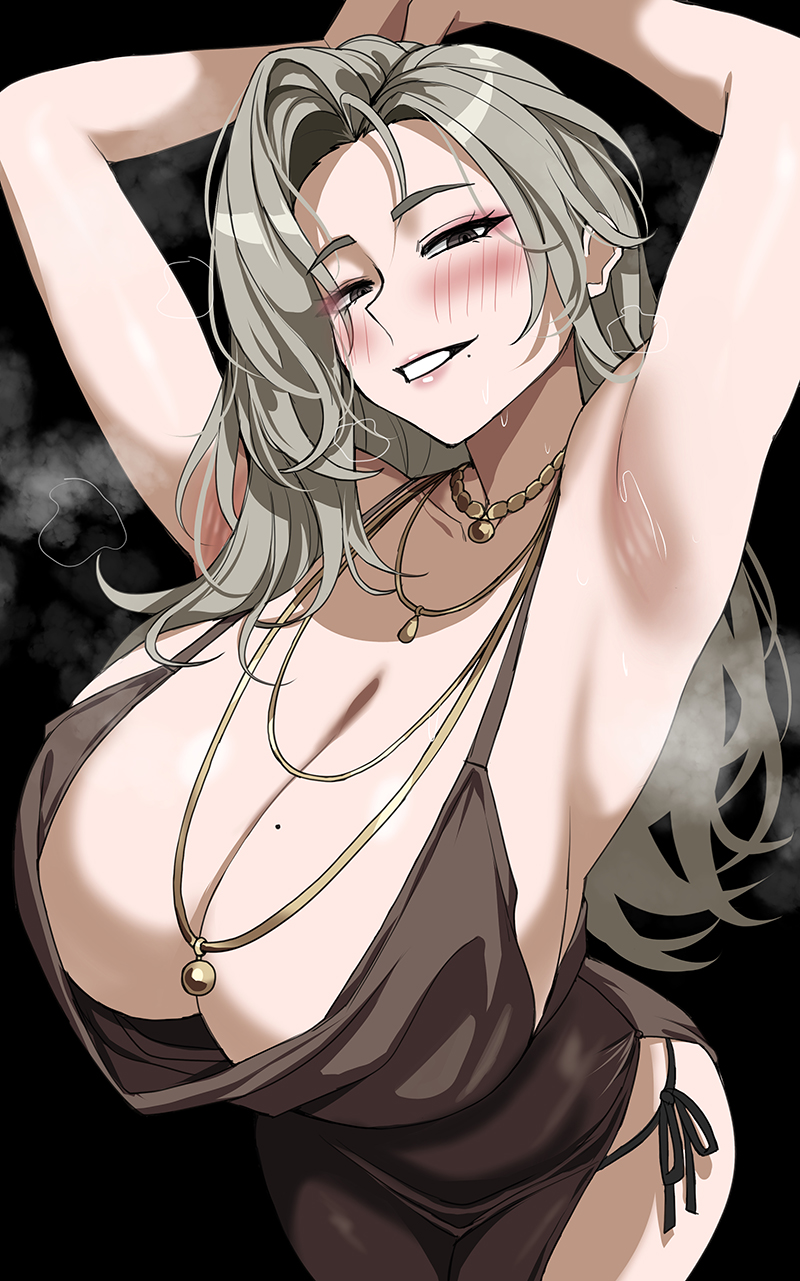 1girl, arm up, armpits, arms behind head, arms up, blonde hair, breasts, cleavage, dress, drogod (artist), eyeshadow, goddess of victory: nikke, grin, hella p, highres, jewelry, large breasts, long hair, makeup, mole, mole on breast, mrs. miss (nikke), necklace, panties, side-tie panties, smile, tsurime, underwear