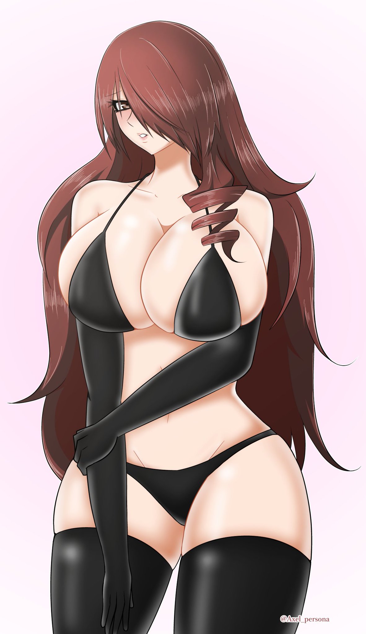 1girls, axel persona, blush, breasts, clothed, clothing, female, gloves, large breasts, long hair, looking at viewer, mitsuru kirijo, persona, persona 3, red eyes, red hair, thick thighs, thighhighs
