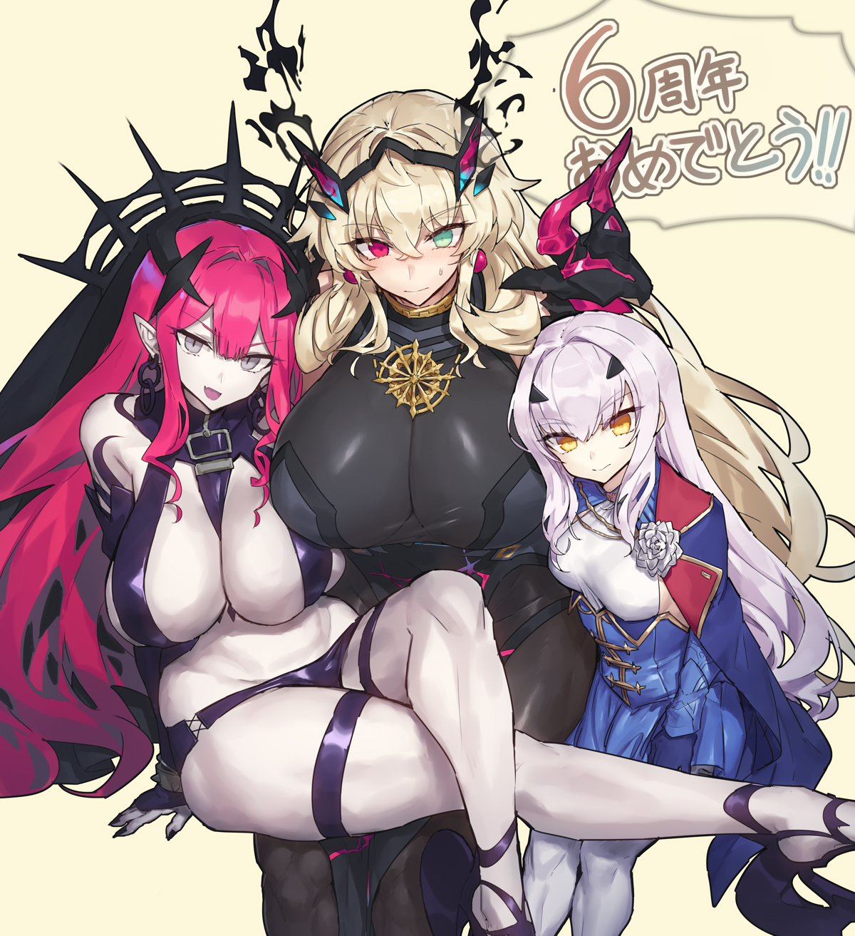 3girls, baobhan sith (fate), barghest (gawain) (fate), big breasts, blonde hair, blush, breasts, cleavage, curvy, fairy knight lancelot (fate), fate (series), fate/grand order, female, grey eyes, height difference, heterochromia, horns, huge breasts, light skin, light-skinned female, looking at viewer, melon22, melusine (fate), pale skin, pale-skinned female, pink hair, sitting, small breasts, sweatdrop, thick thighs, tristan (fairy knight) (fate), white hair, yellow eyes